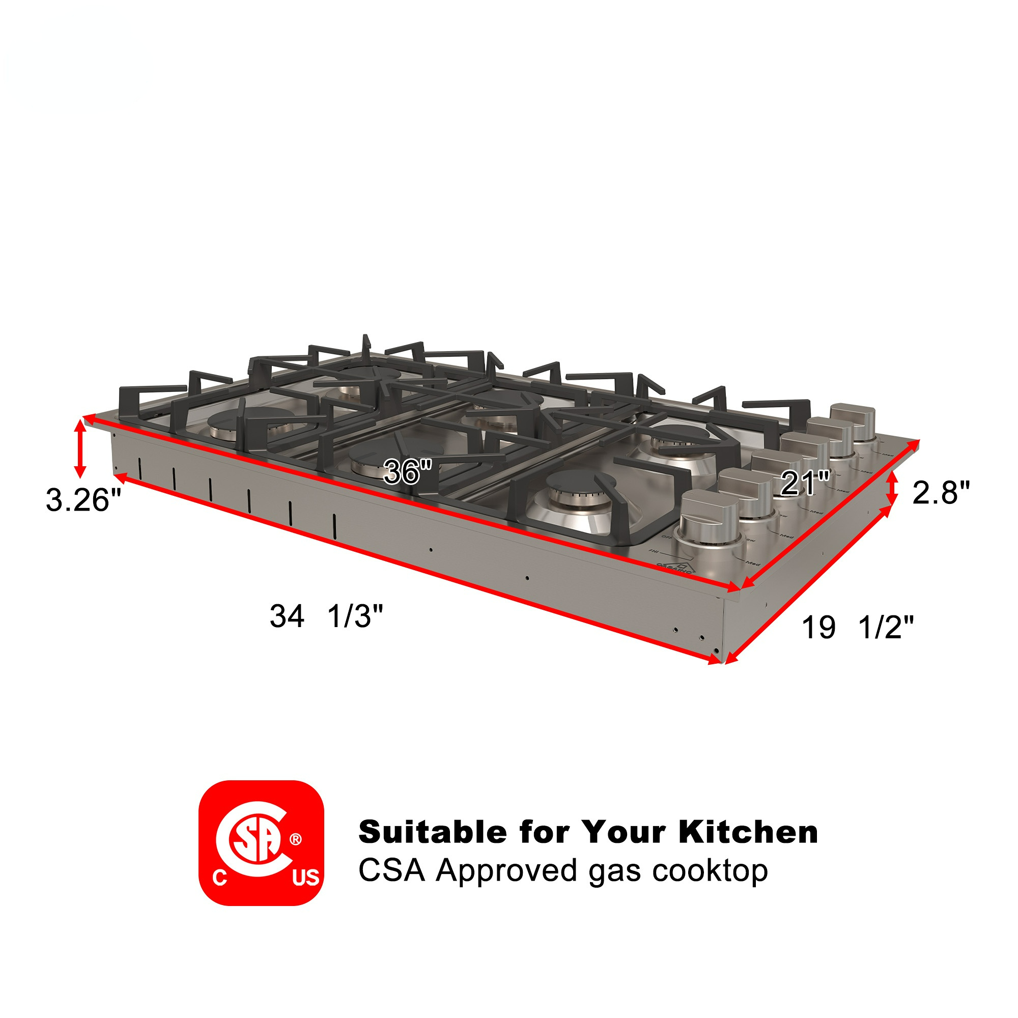 36 in. 6 Burners Recessed Gas Cooktop in Stainless Steel with LP Conversion Kit, CSA Certified