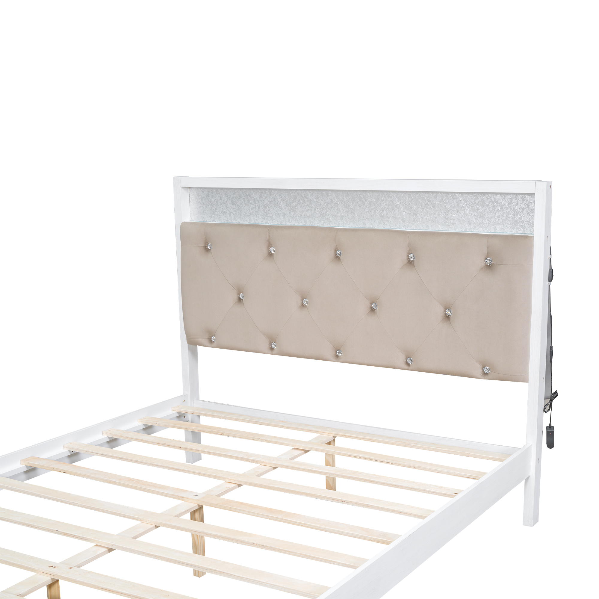 Wood Queen/Full Size Platform Bed with Upholstered Headboard and LED and 2 Drawers, Antique White 