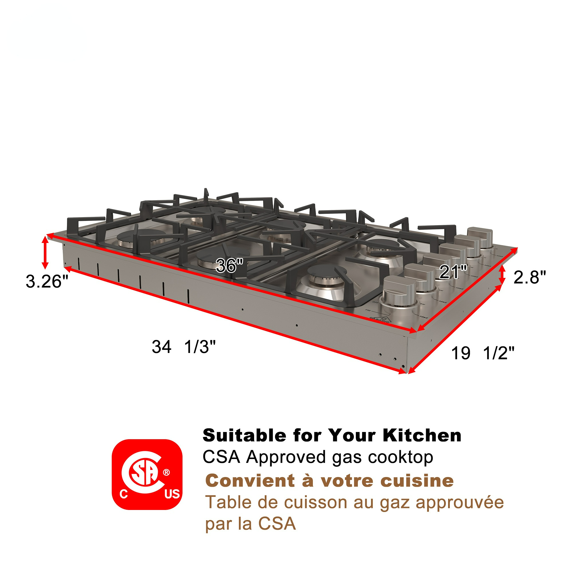 36 in. 6 Burners Recessed Gas Cooktop in Stainless Steel with LP Conversion Kit, CSA Certified