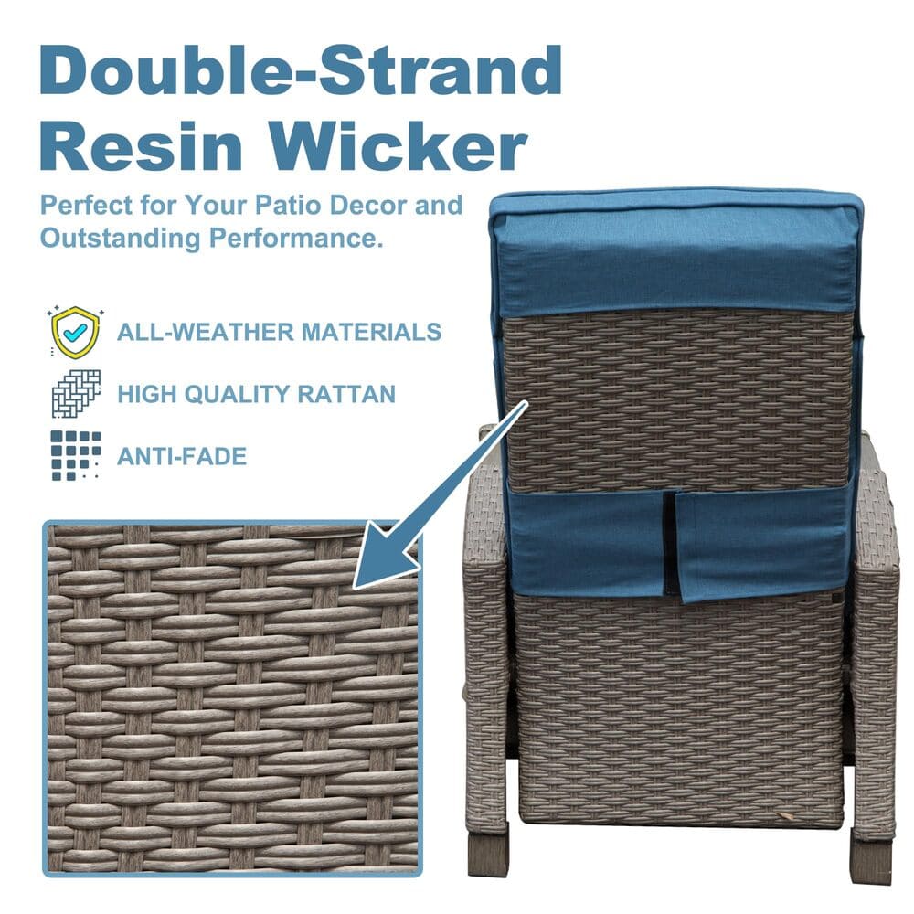 Outdoor Recliner Chair, Patio Recliner with Hand-Woven Wicker, Flip Table Push Back, Adjustable Angle, Thickness Cushions