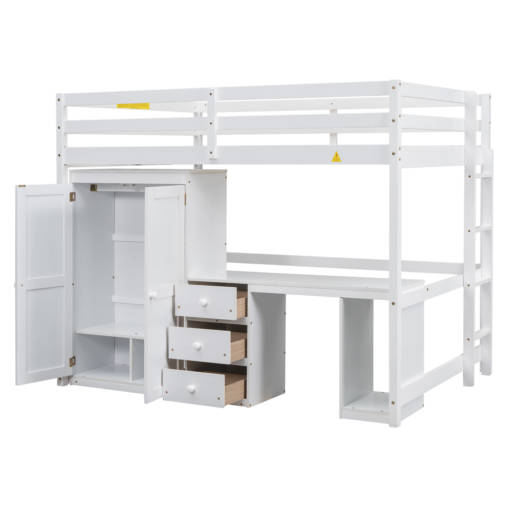 Full/Twin Size Loft Bed with Wardrobe, Desk and Storage Drawers, Gray/White