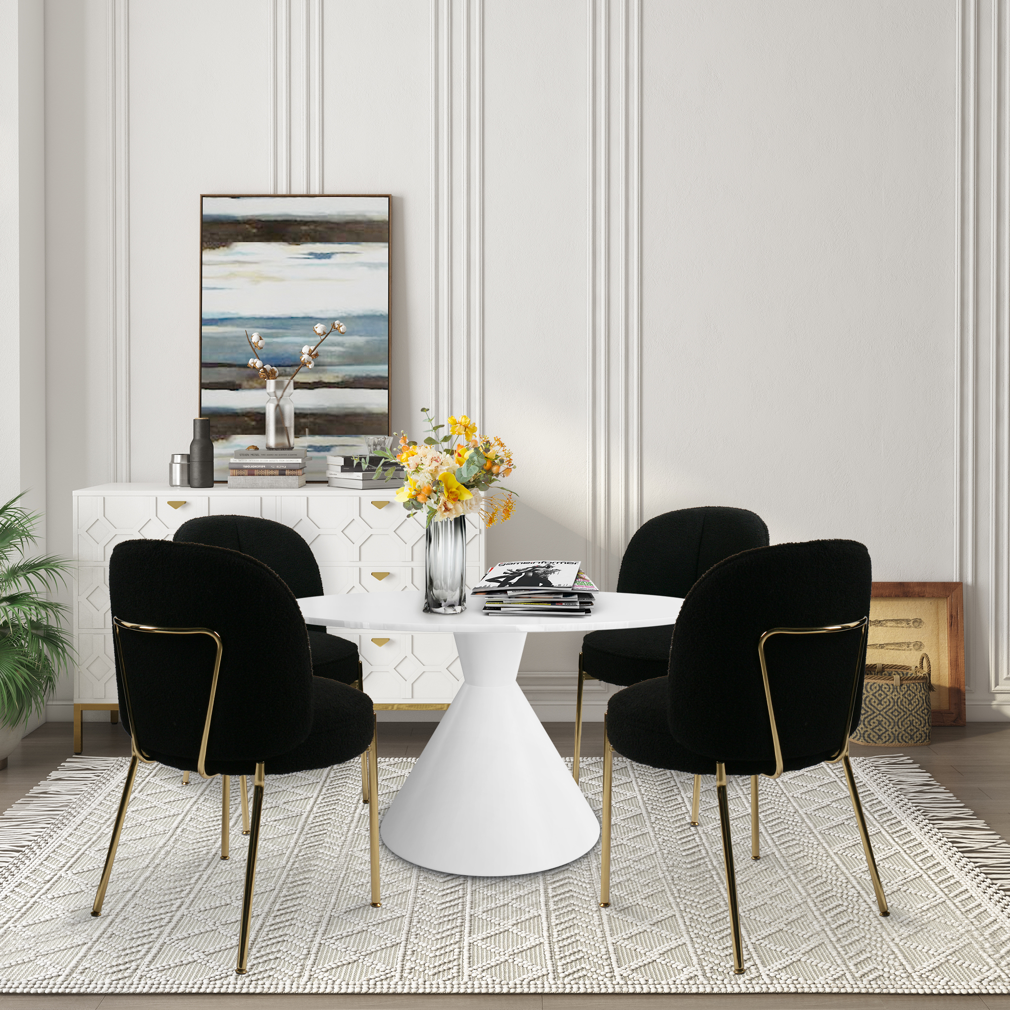 Teddy Fabric Dinning Chair in Greamy White/Brown/Army Green/Black with Adjustable Foot Nails (Set of 2)