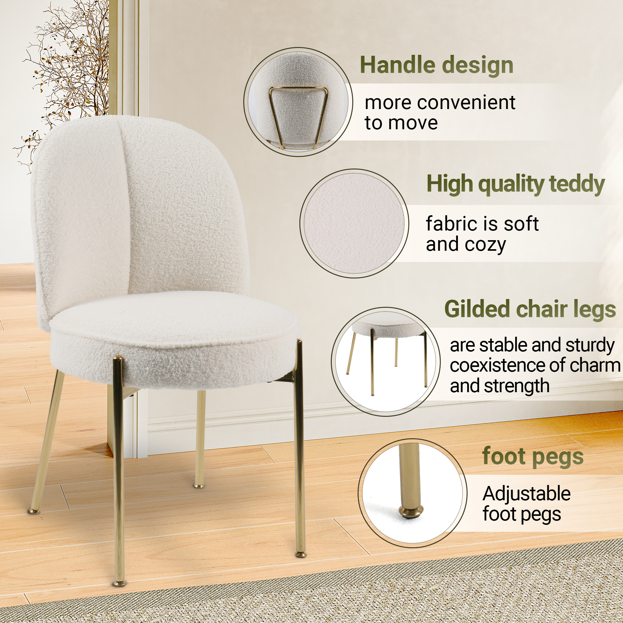 Teddy Fabric Dinning Chair in Greamy White/Brown/Army Green/Black with Adjustable Foot Nails (Set of 2)