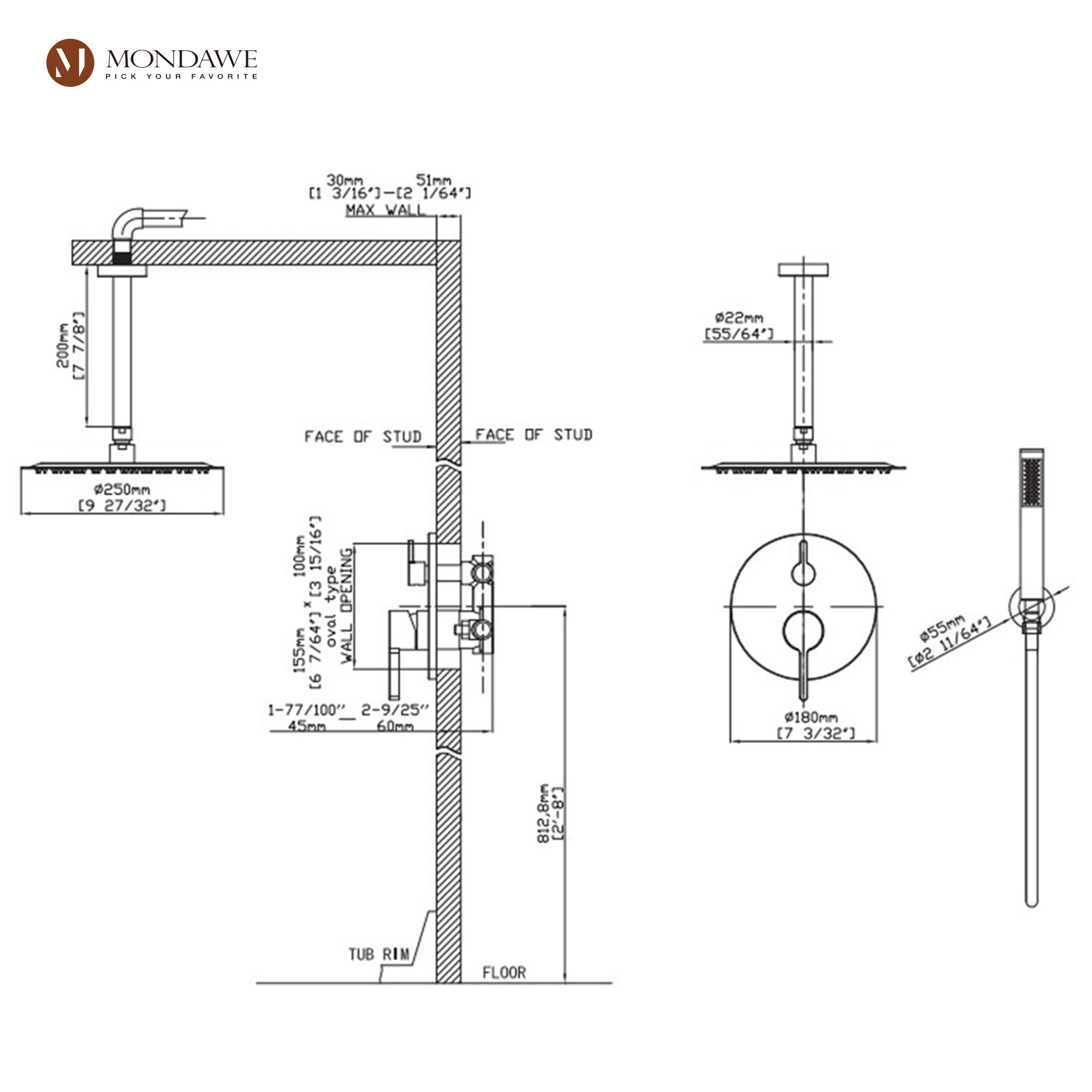Mondawe 10 Inch Round Bathroom Shower Set in Nickel/Chrome/Black/Gold/Gun Black-Mondawe