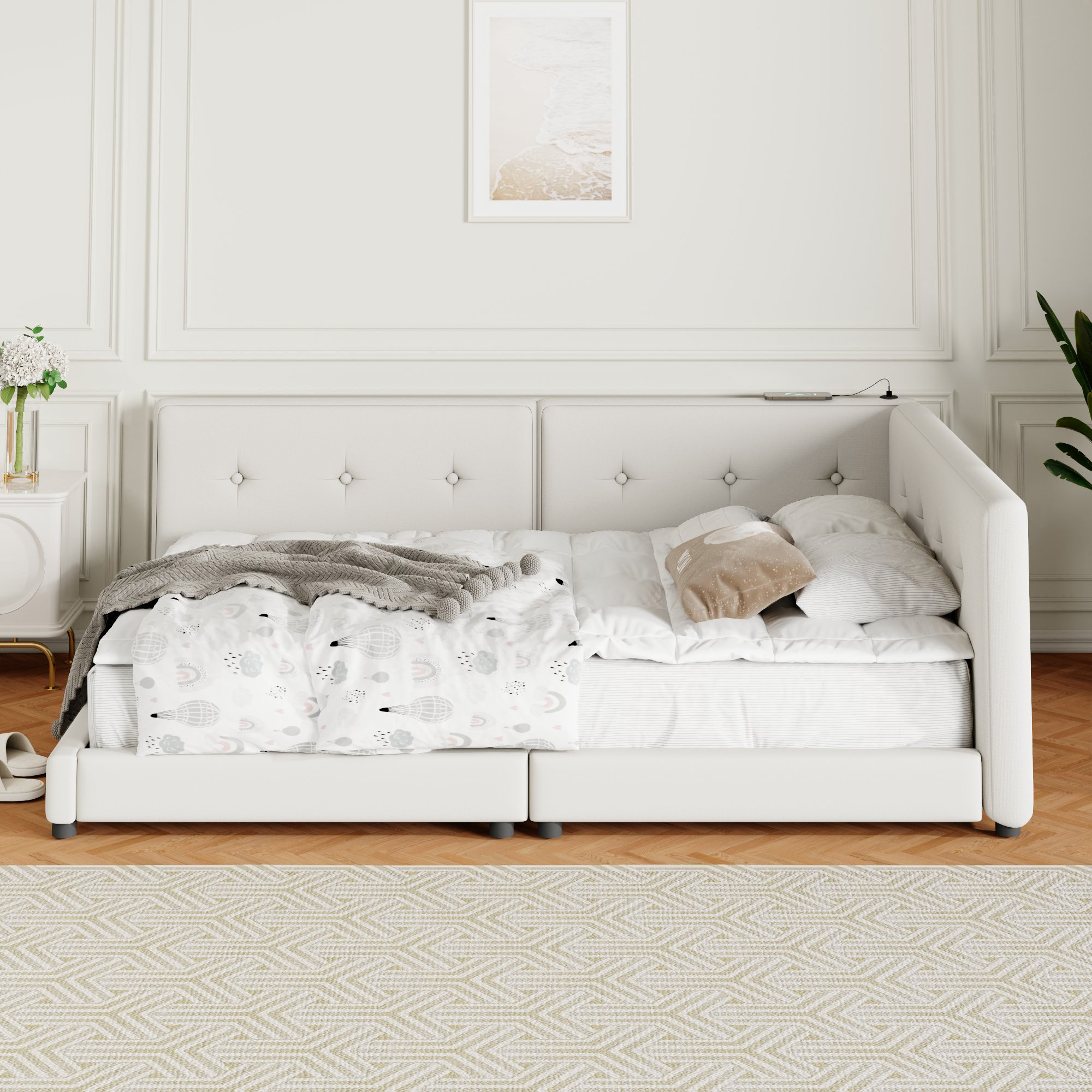 Upholstered Full/Queen Size platform bed with USB Ports, Beige 
