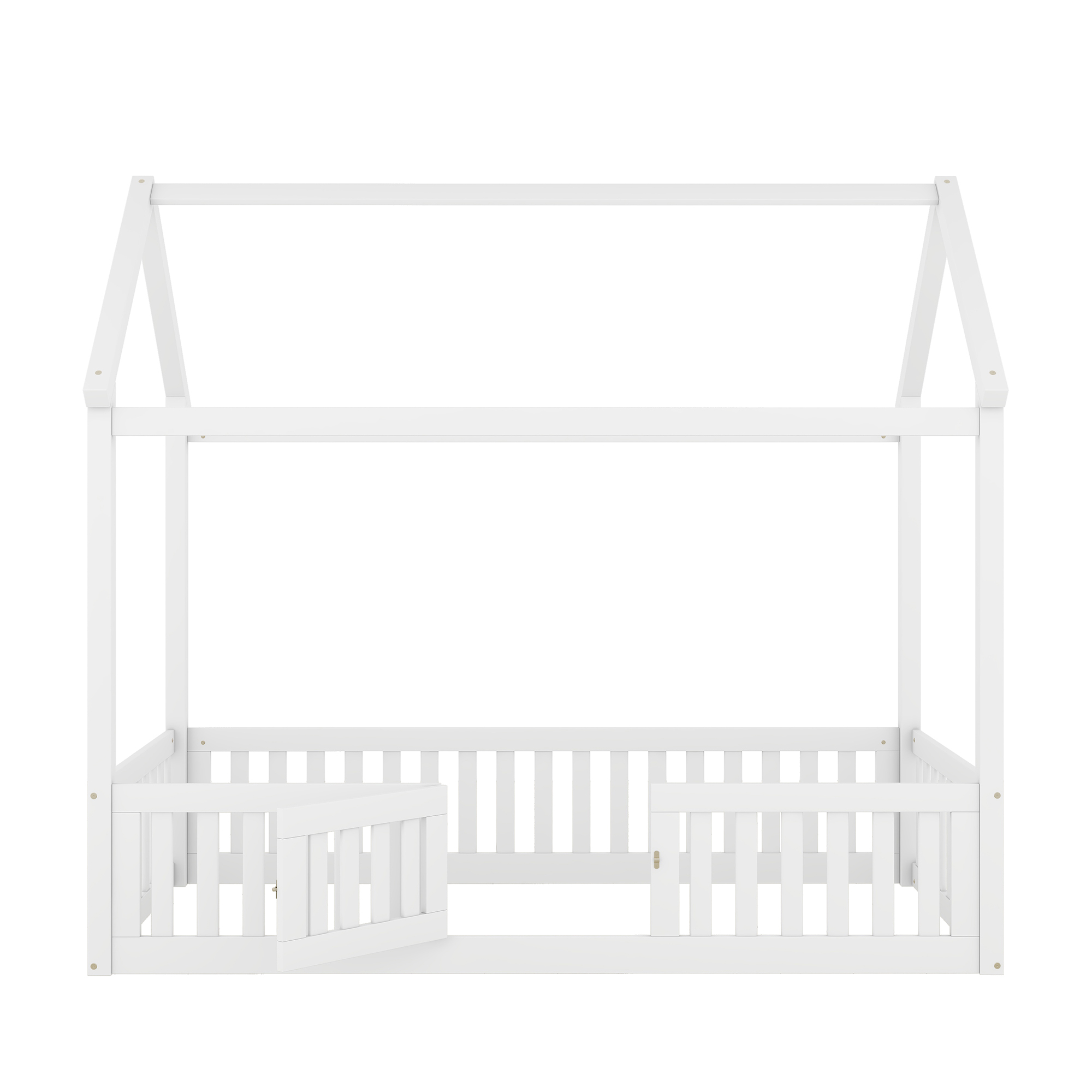Twin/Full Size Wood House Bed with Fence and Door, Gray/White