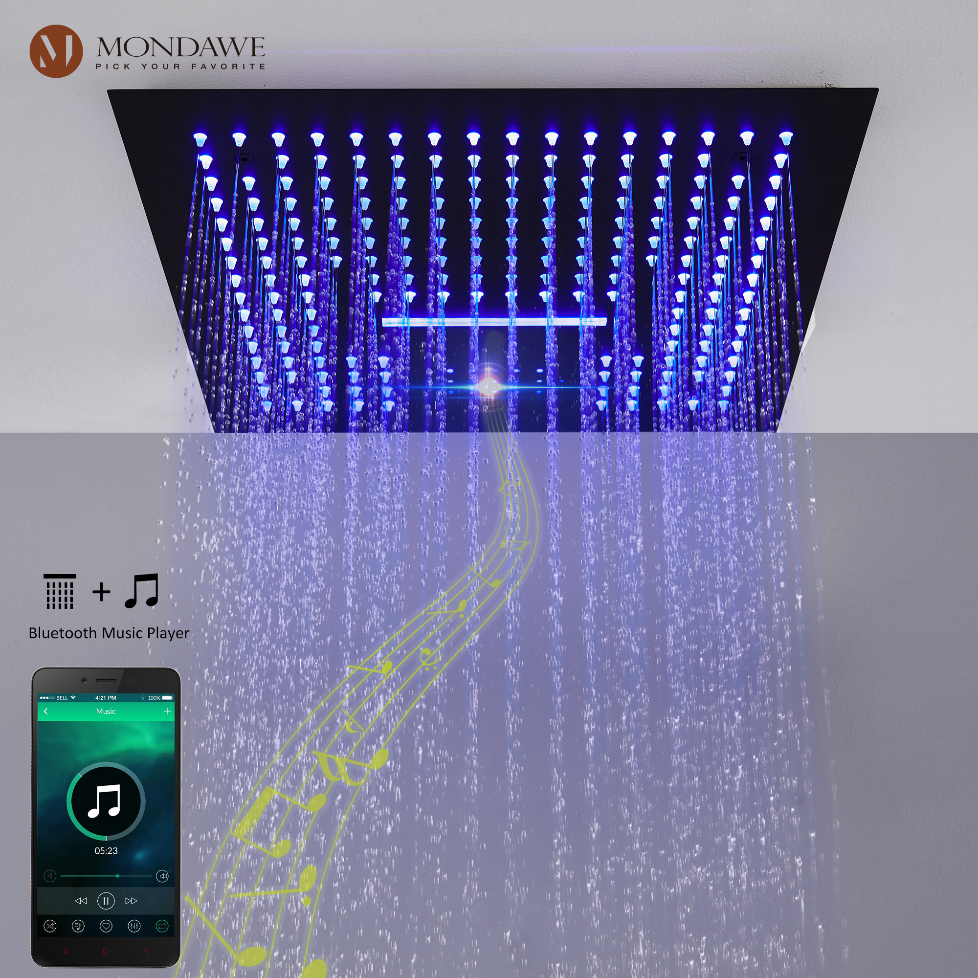 Mondawe 4-Way Shower System with LED and Music Player in Black/Nickel/Gold-Mondawe