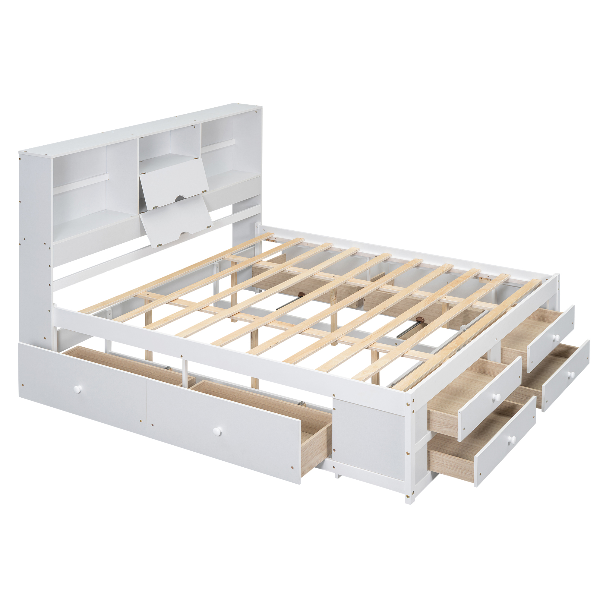 Queen/King Size Platform Bed with Storage Headboard and 8 Drawers, White/Gray