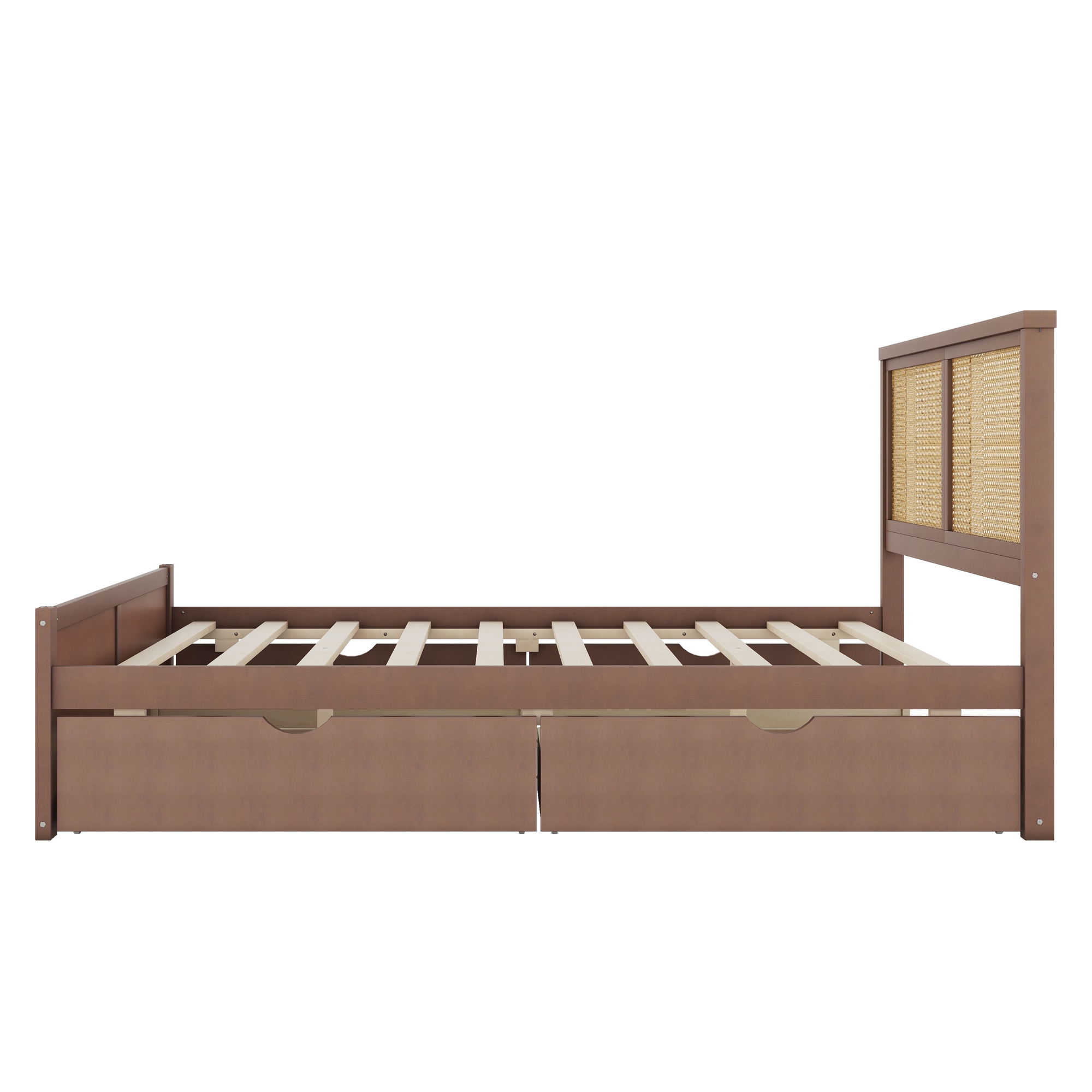 Queen/Full Size Wood Storage Platform Bed with 4 Drawers, Rattan Headboard, Espresso/Nature 