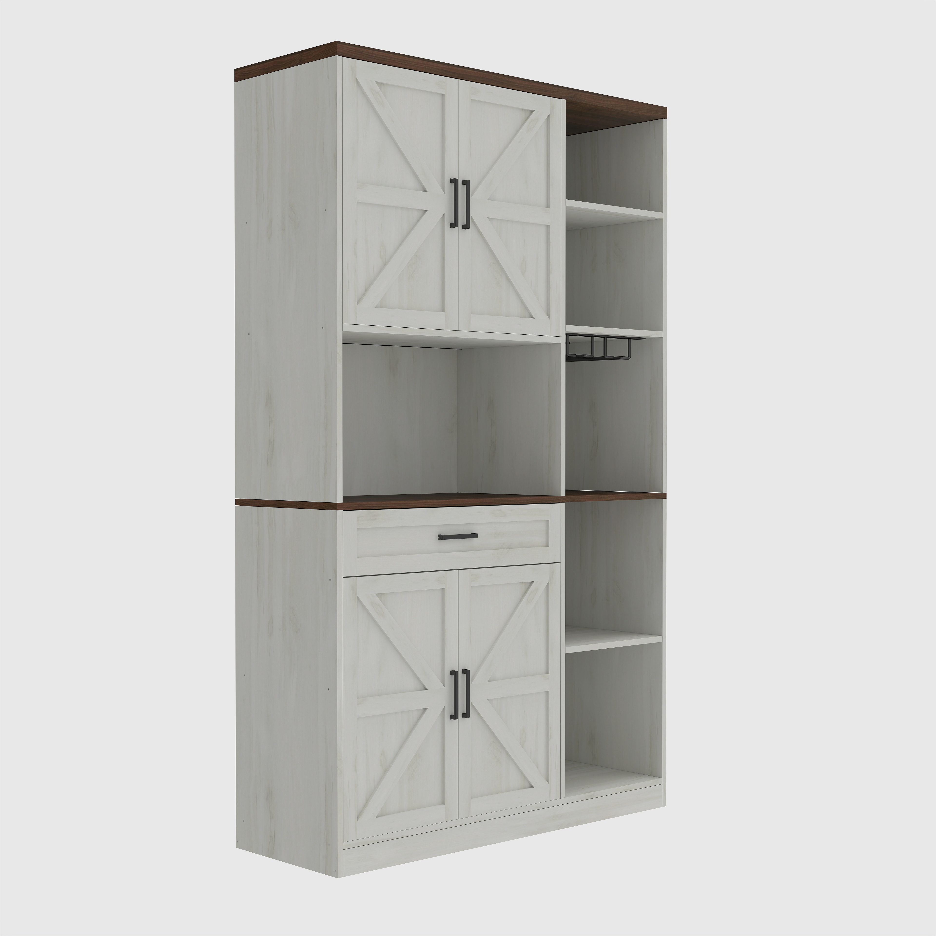 70.87'' Multifunctional Farmhouse Kitchen Pantry Sideboard with Cabinet and Drawer, Kitchen Buffet with Hutch and Glass Holder, Microwave Stand with Charging Station for Kitchen and Dining Room 