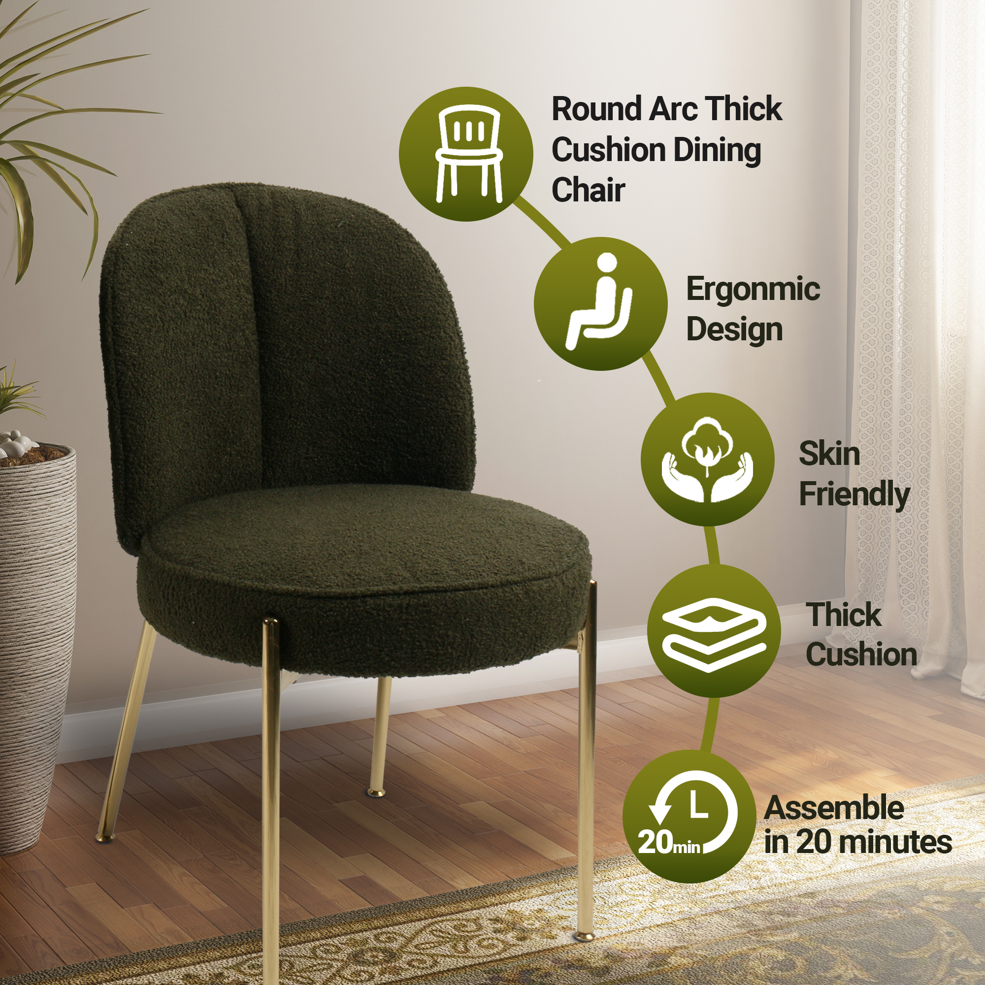 Teddy Fabric Dinning Chair in Greamy White/Brown/Army Green/Black with Adjustable Foot Nails (Set of 2)