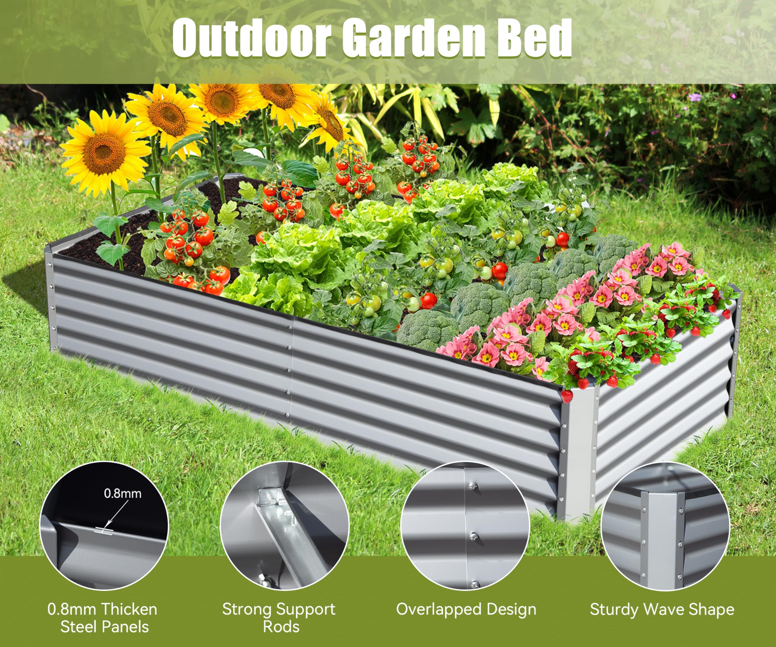 8x4x1.5 ft Galvanized Raised Garden Bed, Outdoor Planter Garden Boxes Large Metal Planter Box for Gardening Vegetables Fruits Flowers, Silver/Green/Gray