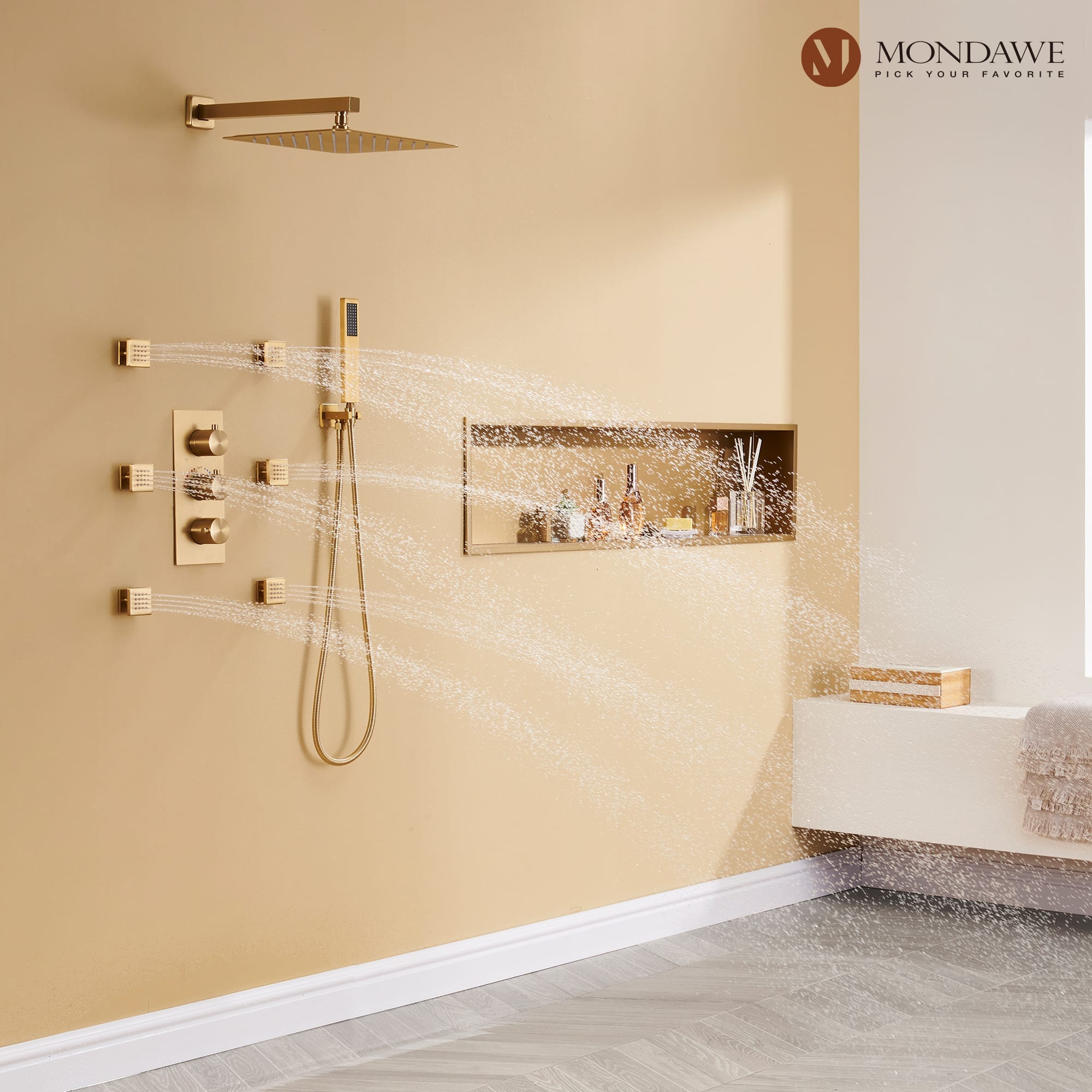 Mondawe Wall Mount Thermostatic Rain Head Shower System with Handheld Shower and Wall Body Jets-Mondawe