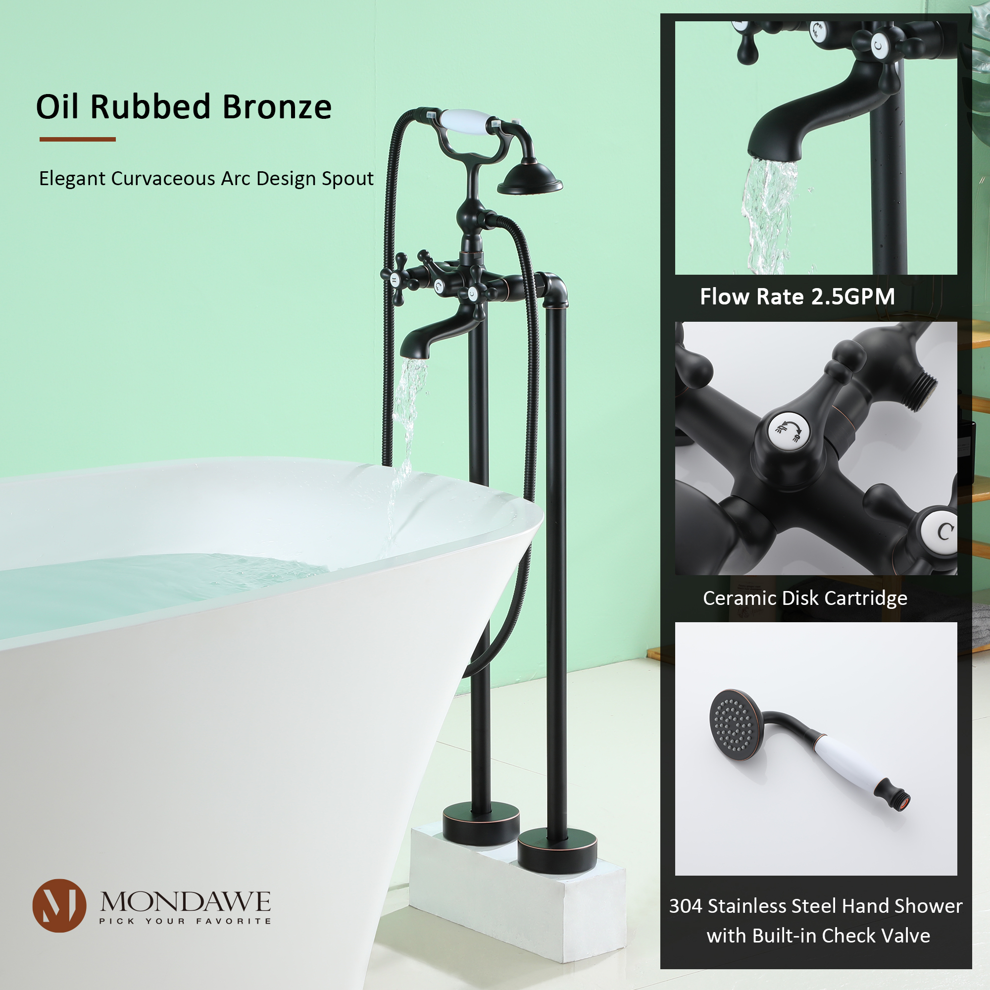 Mondawe 3-Handle Traditional Freestanding Bathtub Faucet(Oil Rubbed Bronze)-Mondawe