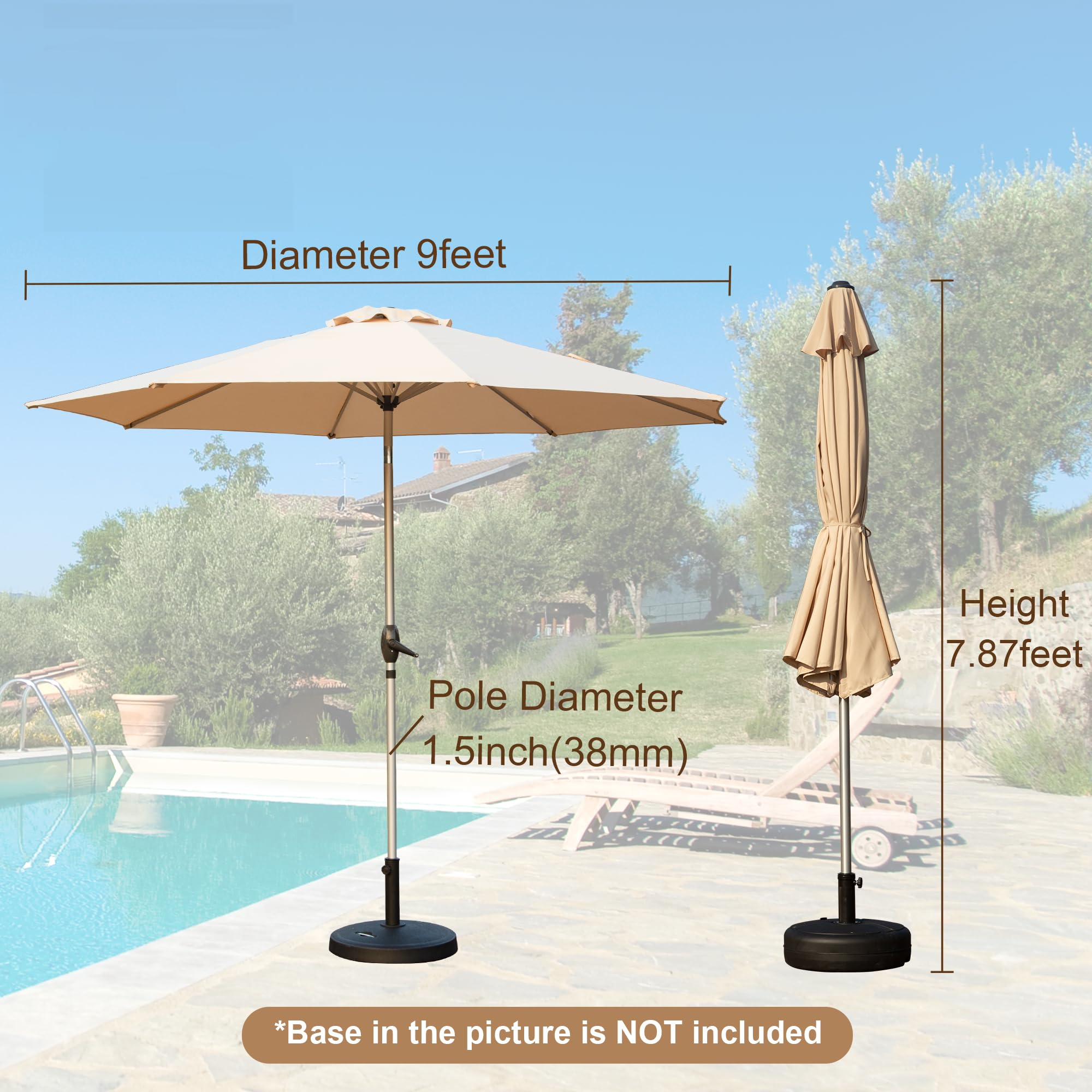 9FT Patio Umbrella, Outdoor Table Umbrella with Push Button Tilt and Crank, UV Protection Waterproof Market Sun Umbrella with 8 Sturdy Ribs for Garden, Deck, Backyard, Pool (Navy Blue/Brick red/Beige/Gray)