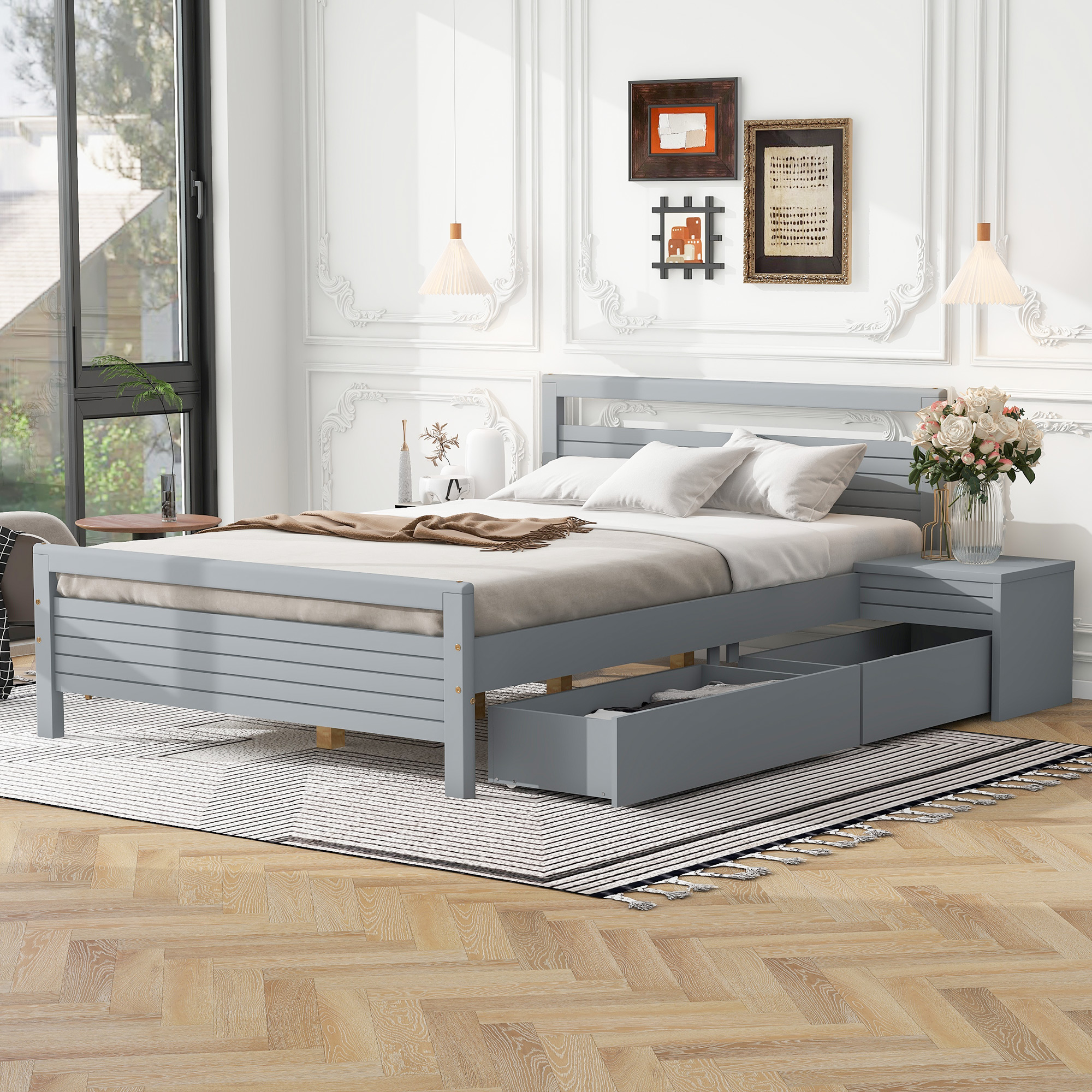 Full Size Wooden Platform Bed with 2 Storage Drawers and 2 bedside tables, Gray 