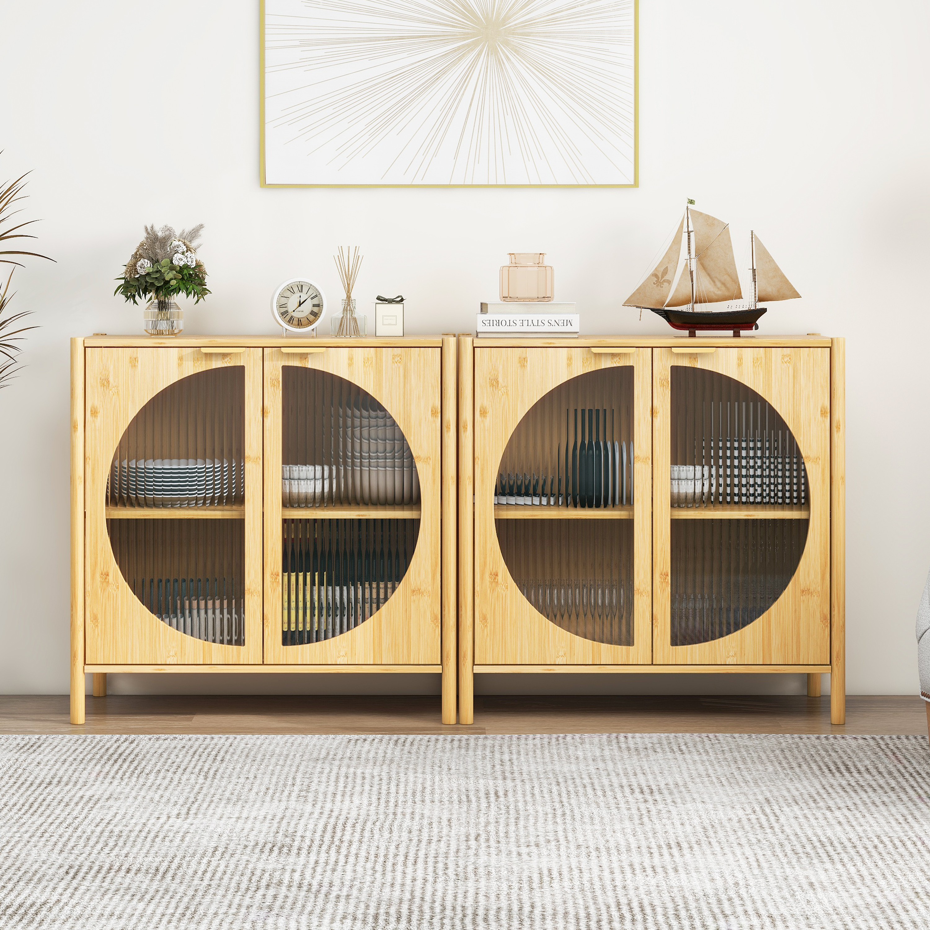 Bamboo 2 door cabinet, Buffet Sideboard Storage Cabinet, Buffet Server Console Table, for Dining Room, Living Room, Kitchen, Hallway 