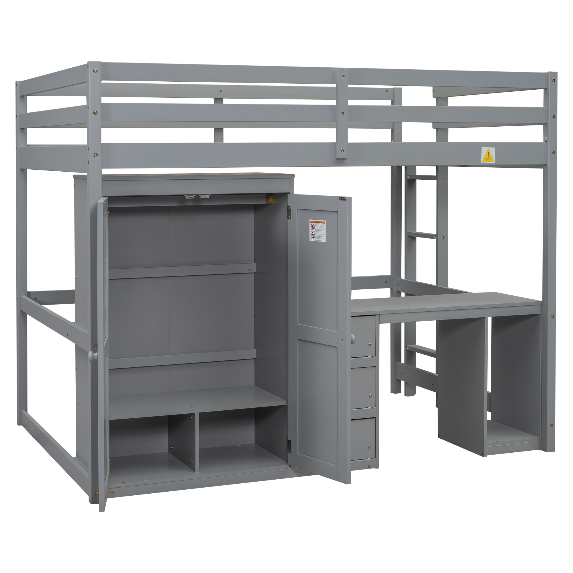 Full/Twin Size Loft Bed with Wardrobe, Desk and Storage Drawers, Gray/White