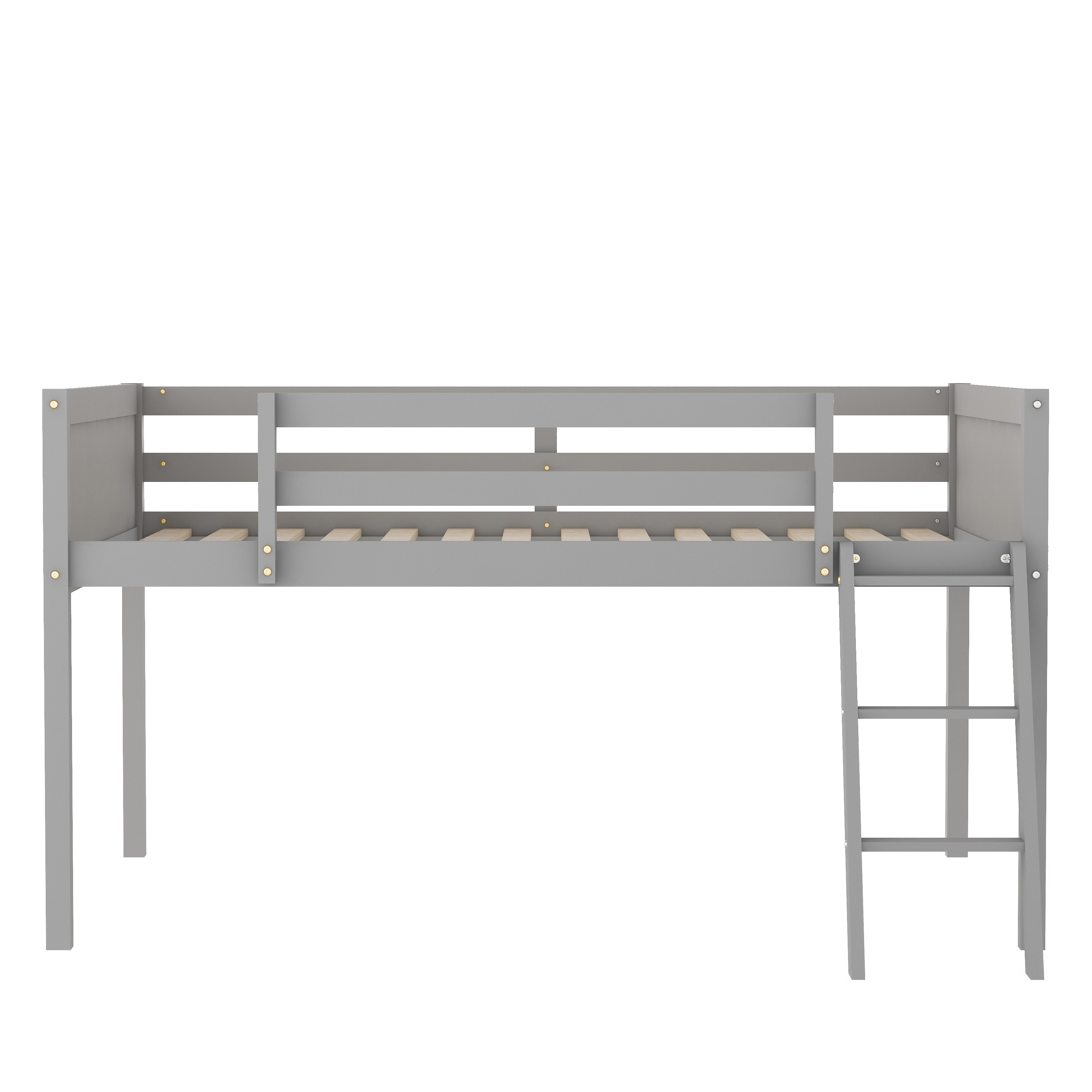 Full Size Wood Low Loft Bed with Ladder, ladder can be placed on the left or right, Gray/White