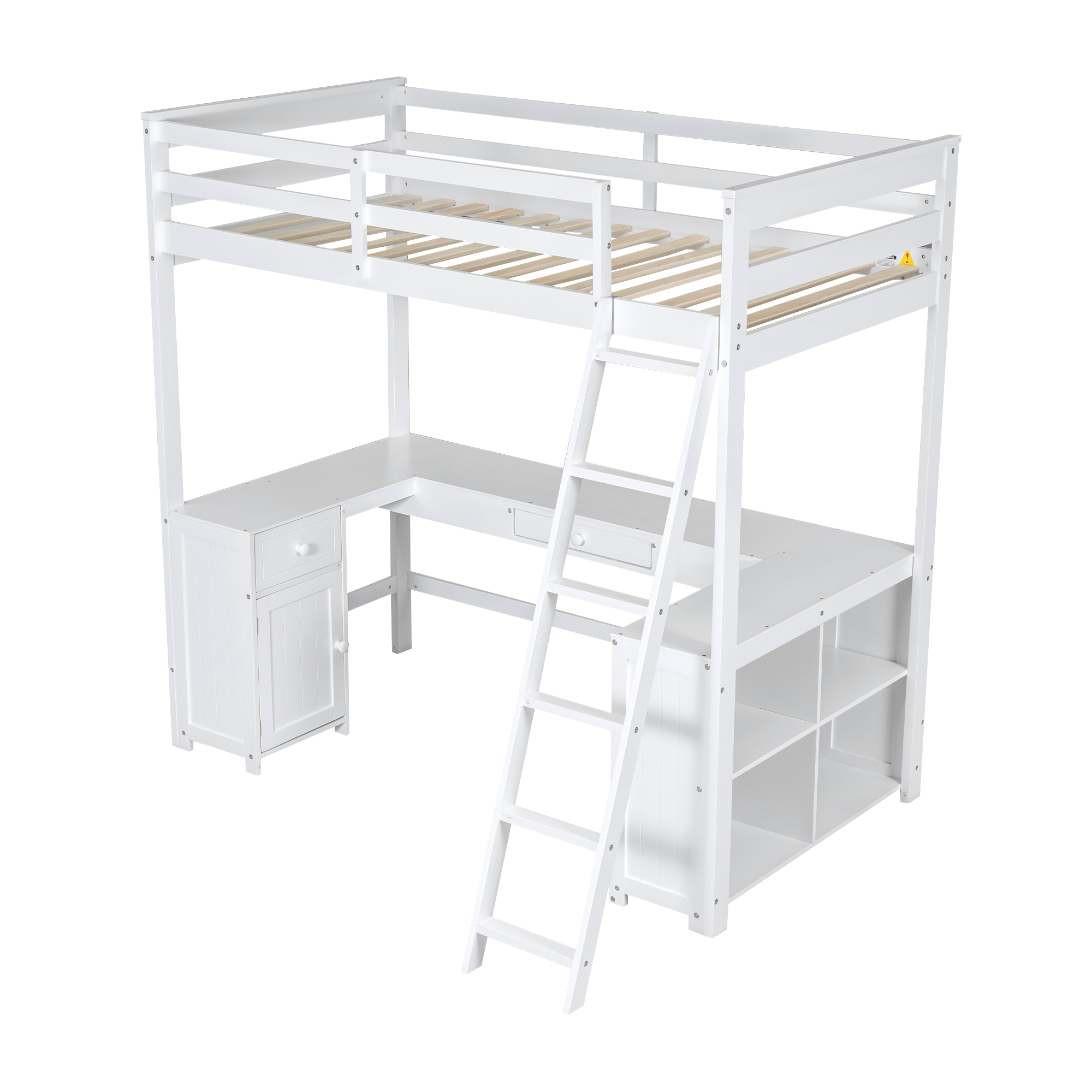 Full/Twin Size Loft Bed with U-shaped Desk, Drawers and Storage Shelves, White/Antique Brown 