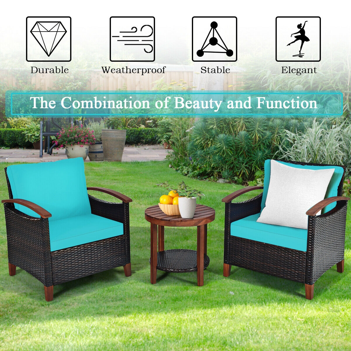 Mondawe 3 Pcs Solid Wood Frame Patio Rattan Furniture Set-Turquoise-Mondawe