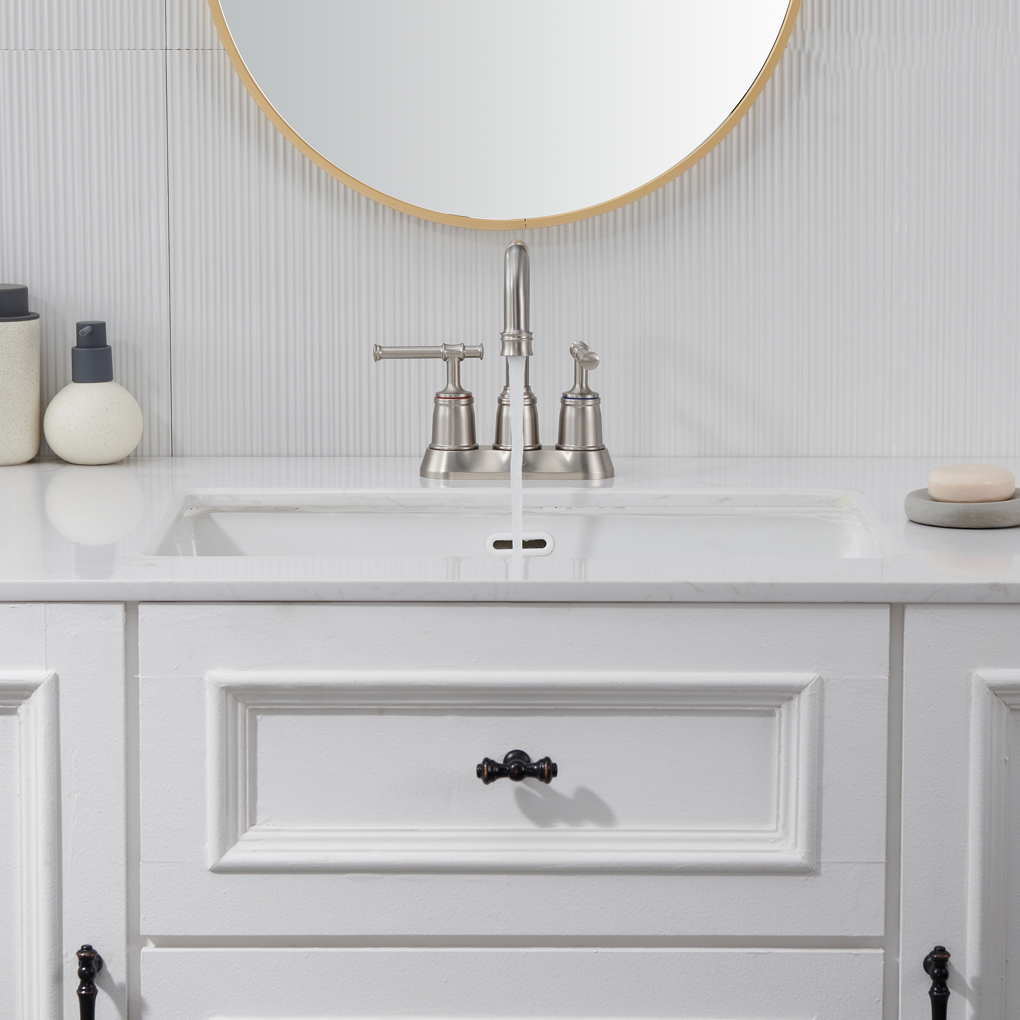 4 in. Centerset Double Handle 2 holes Bathroom Sink Faucet Lavatory Faucet with Stainless steel Drain in Brushed Nickel/Oil Rubbed Bronze/Brushed Gold/Matte Black