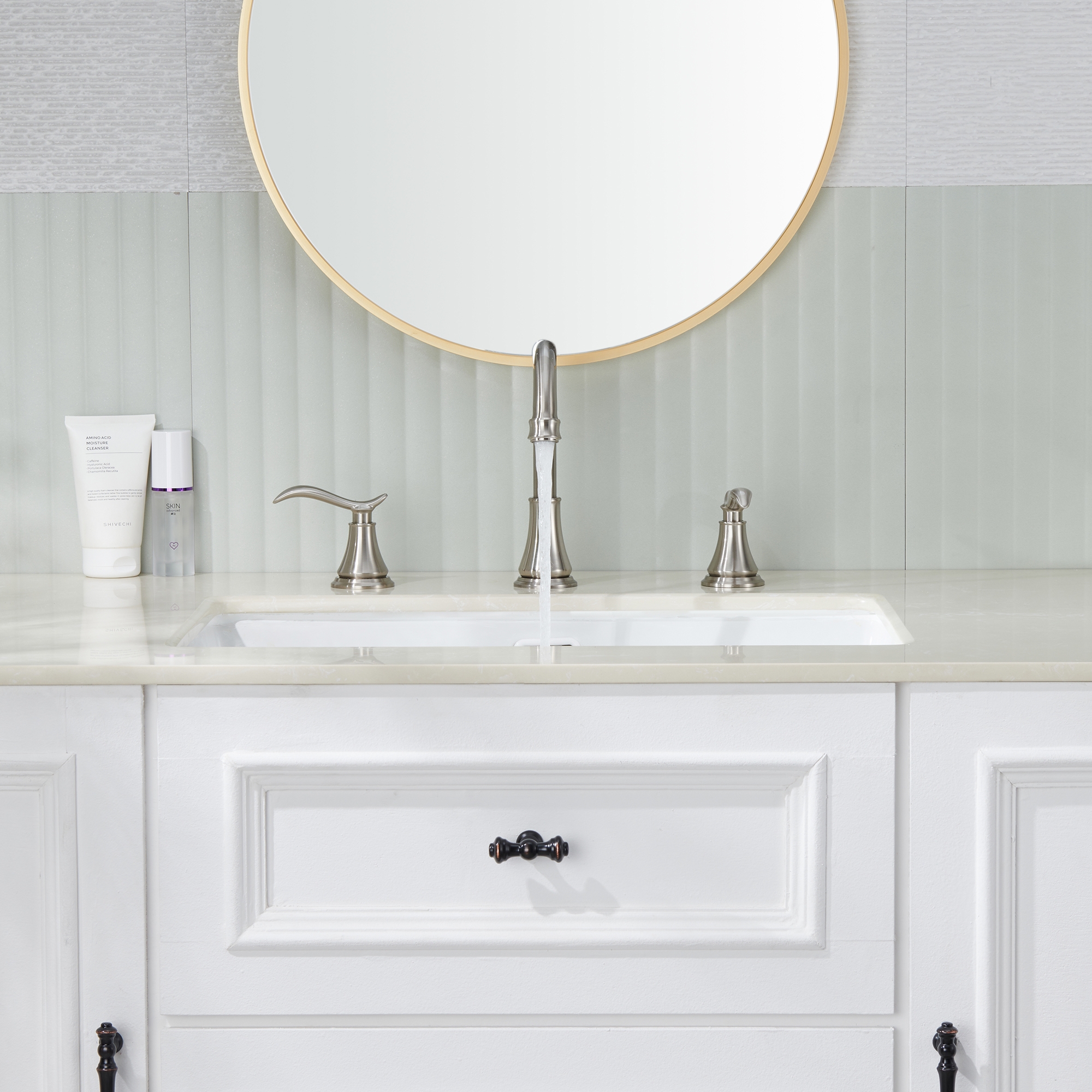 8 in. Widespread Double Handle Bathroom Sink Faucet with 360° Swivel Spout, Stainless Steel Drain Kit in Brushed Nickel/Oil Rubbed Bronze/Brushed Gold/Matte Black