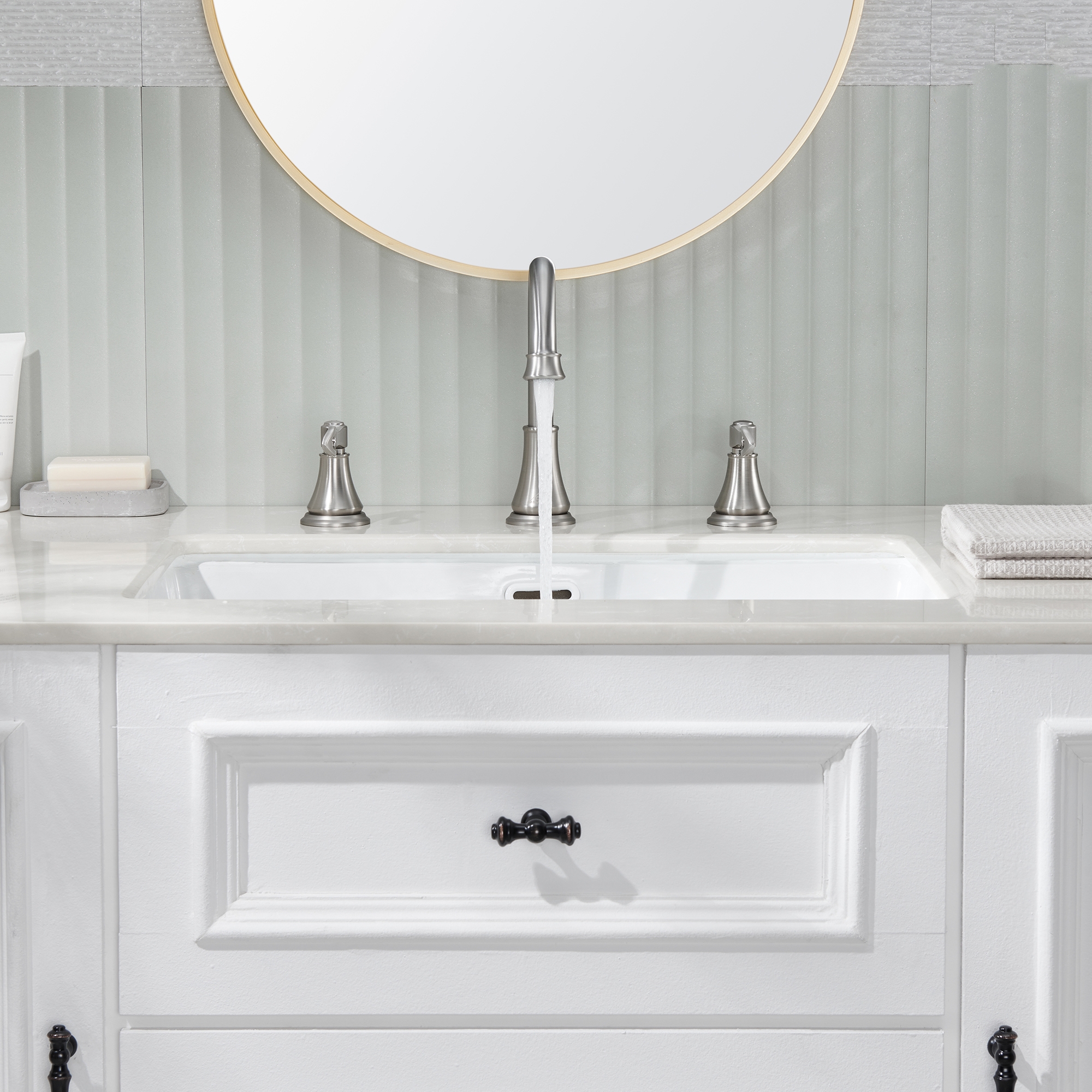 8 in. Widespread Double Handle Bathroom Faucet 3 Holes with 360° Swivel Spout, Stainless Steel Drain in Brushed Nickel/Oil Rubbed Bronze/Brushed Gold/Matte Black