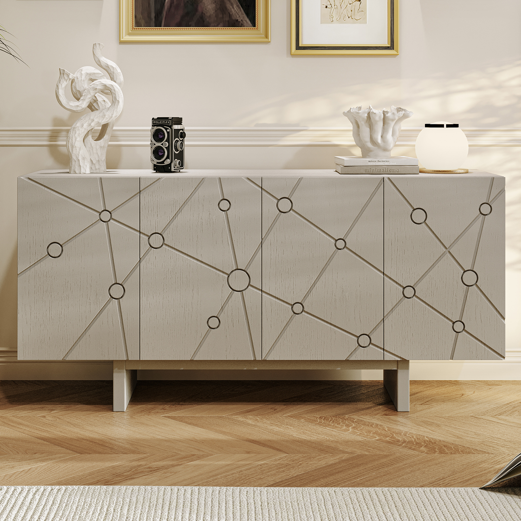 White/Brown 4-Door Modern Wood Grain Accent Storage Cabinet For Living Room, Foyer and Kitchen-Dining Room