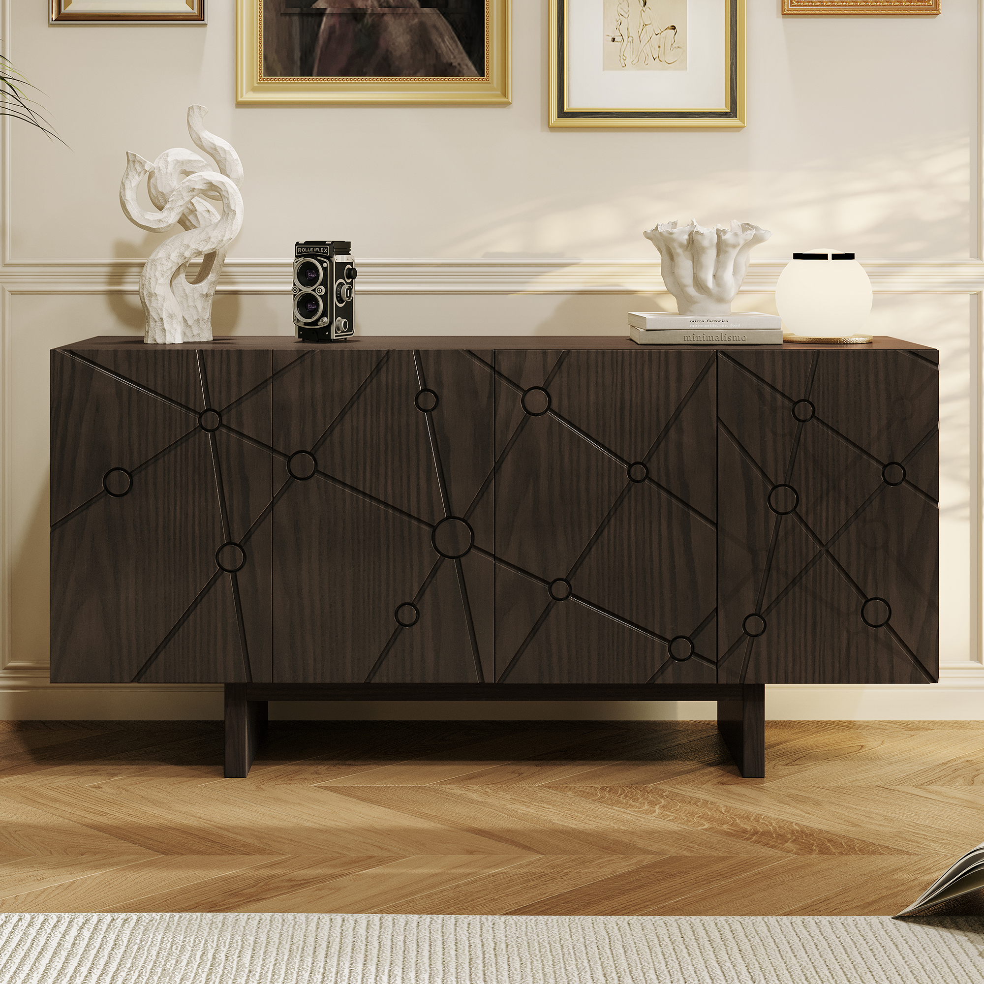 White/Brown 4-Door Modern Wood Grain Accent Storage Cabinet For Living Room, Foyer and Kitchen-Dining Room