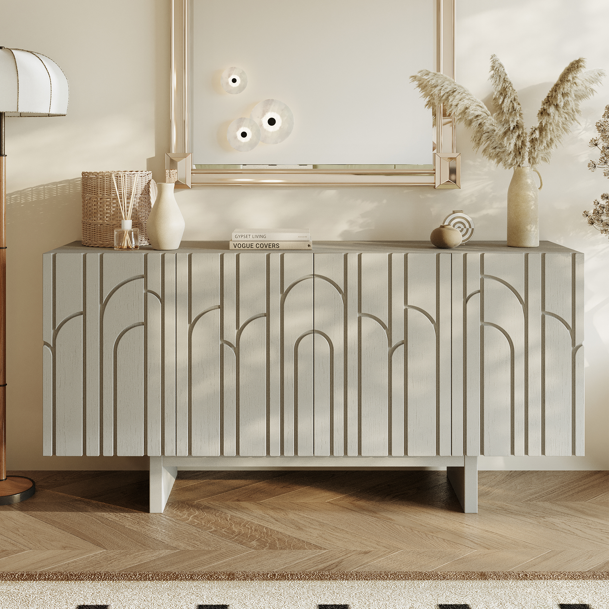 White/Brown MDF 4-Door 63 in. Wood Grain Buffet Sideboard For Living Room, Foyer and Kitchen-Dining Room