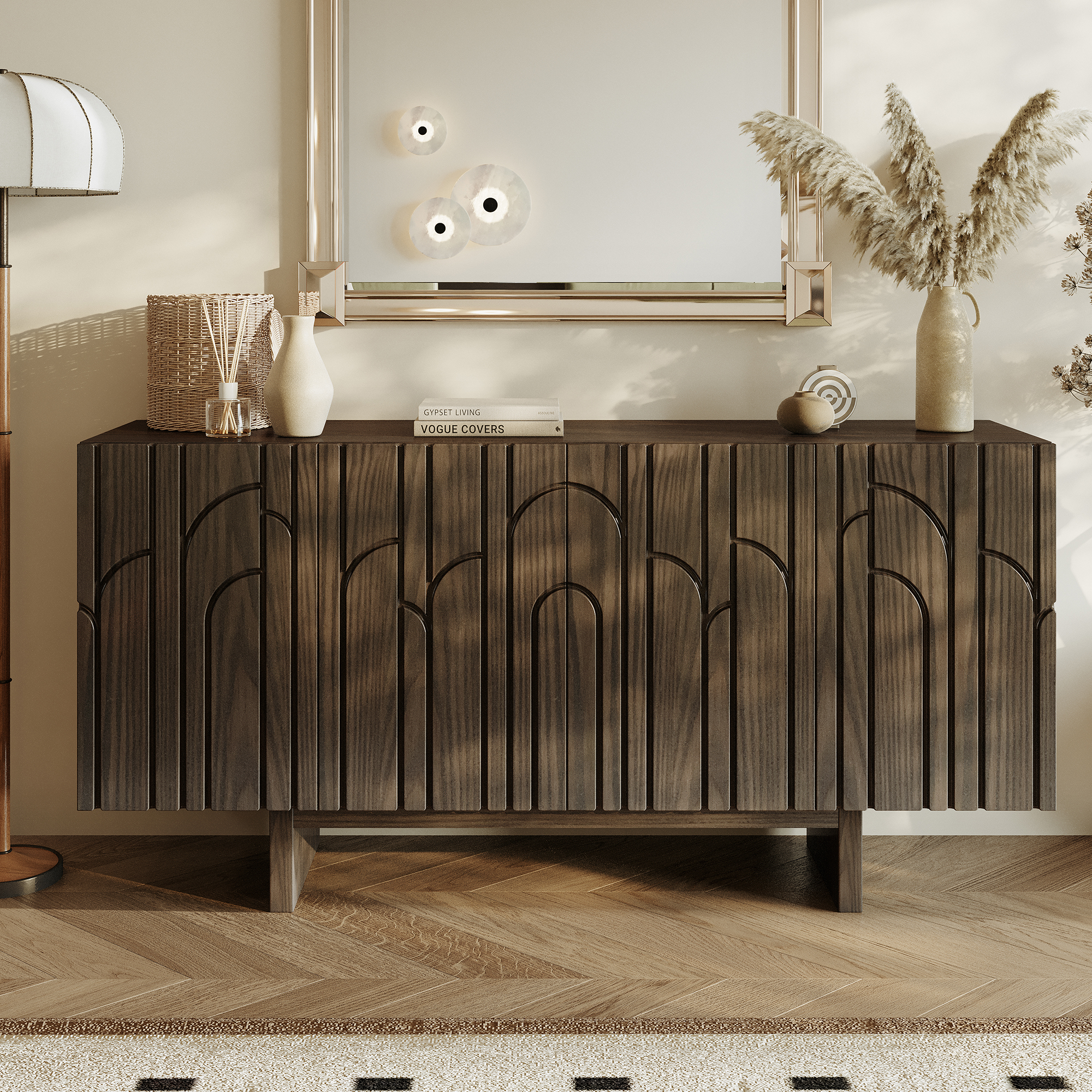 White/Brown MDF 4-Door 63 in. Wood Grain Buffet Sideboard For Living Room, Foyer and Kitchen-Dining Room