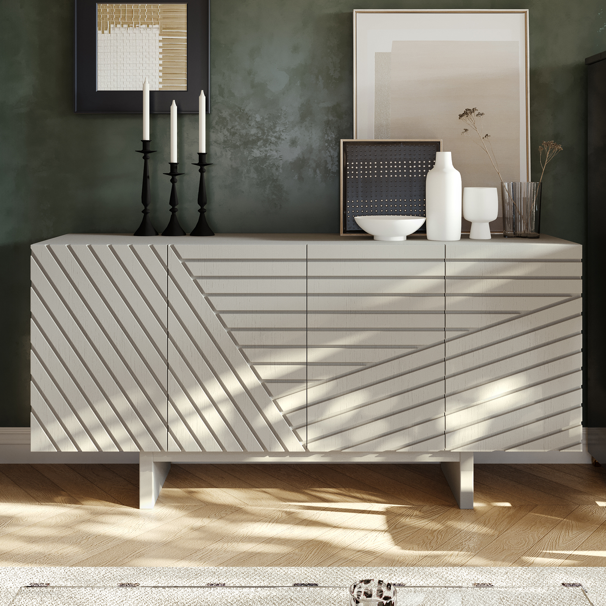 White/Brown MDF 4-Door 63 in. Wood Modern Grain Buffet Sideboard For Living Room, Foyer and Kitchen-Dining Room