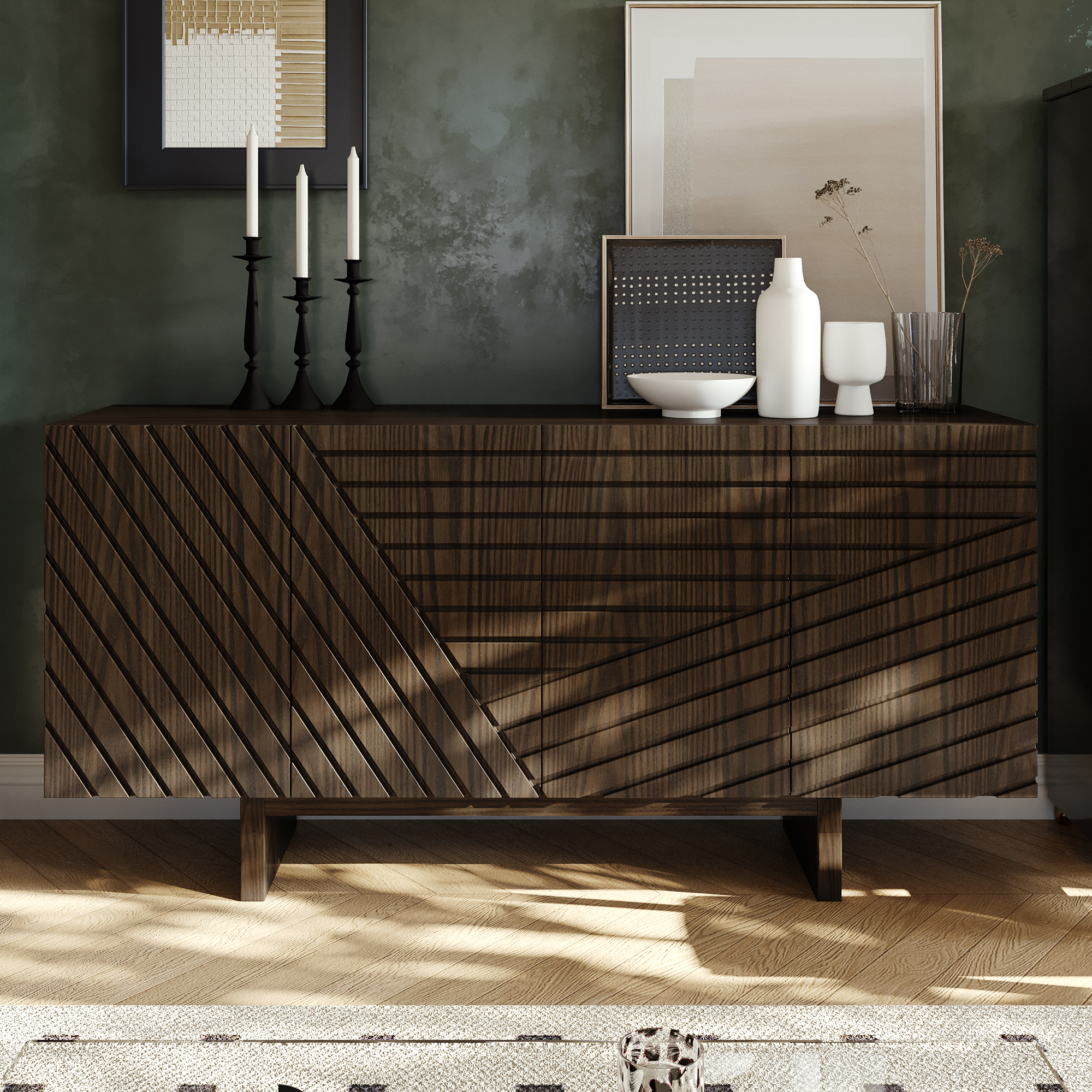 White/Brown MDF 4-Door 63 in. Wood Modern Grain Buffet Sideboard For Living Room, Foyer and Kitchen-Dining Room