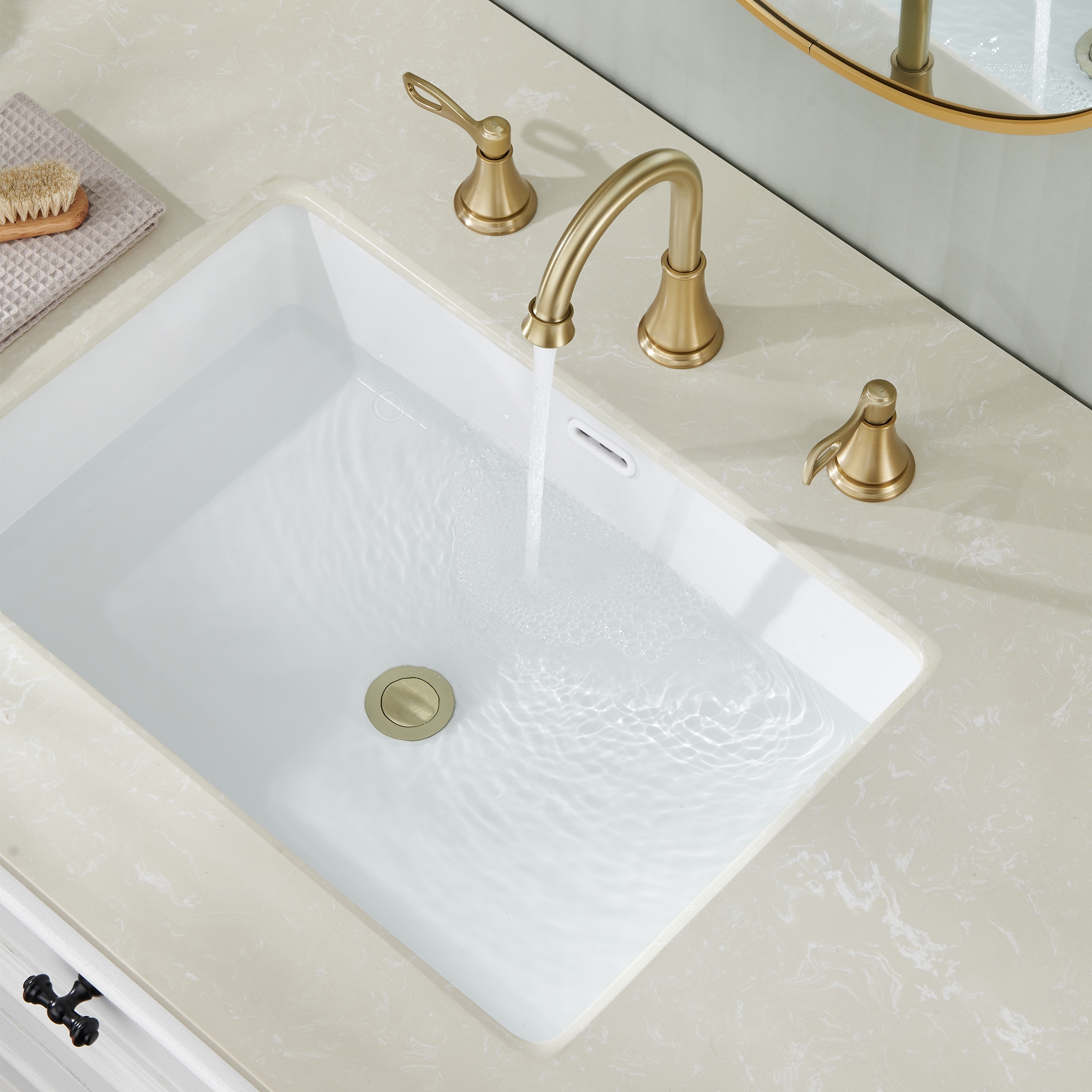 8 in. Widespread Double Handle Bathroom Faucet 3 Holes with 360° Swivel Spout, Stainless Steel Drain in Brushed Nickel/Oil Rubbed Bronze/Brushed Gold/Matte Black