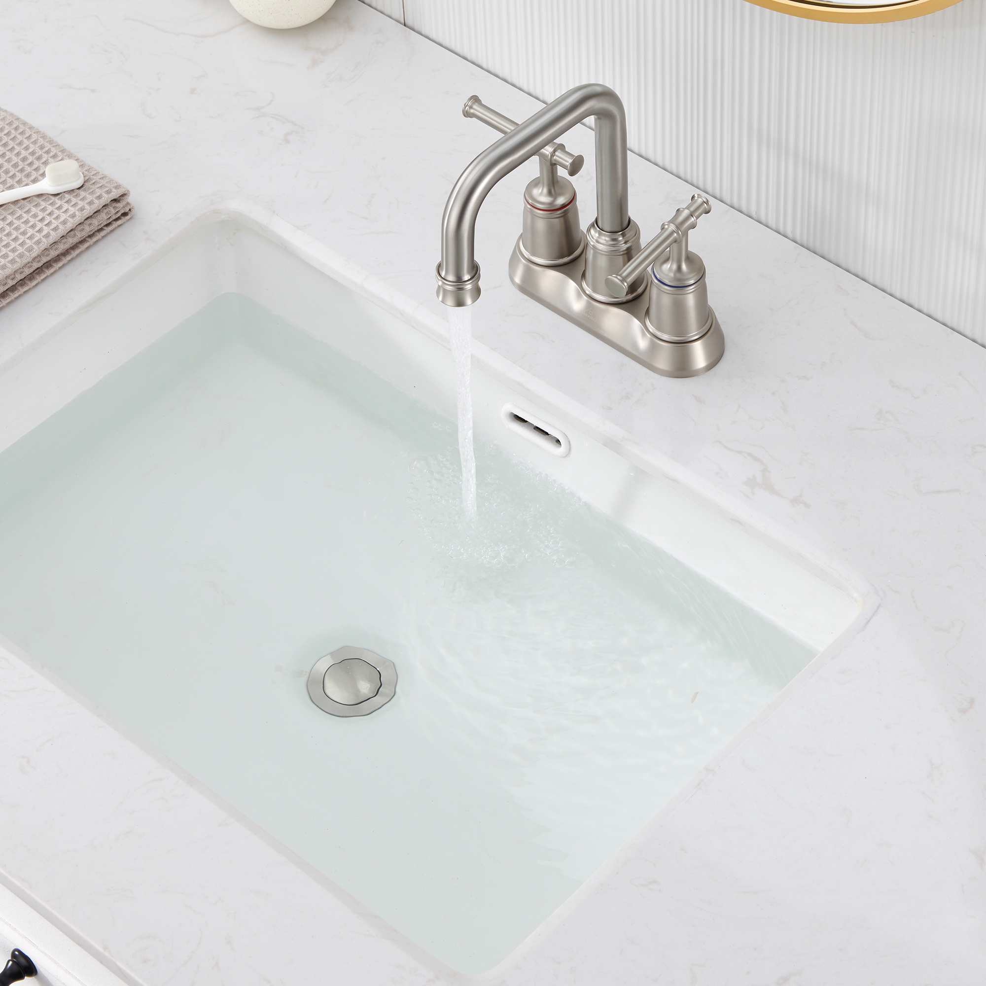 4 in. Centerset Double Handle 2 holes Bathroom Sink Faucet Lavatory Faucet with Stainless steel Drain in Brushed Nickel/Oil Rubbed Bronze/Brushed Gold/Matte Black