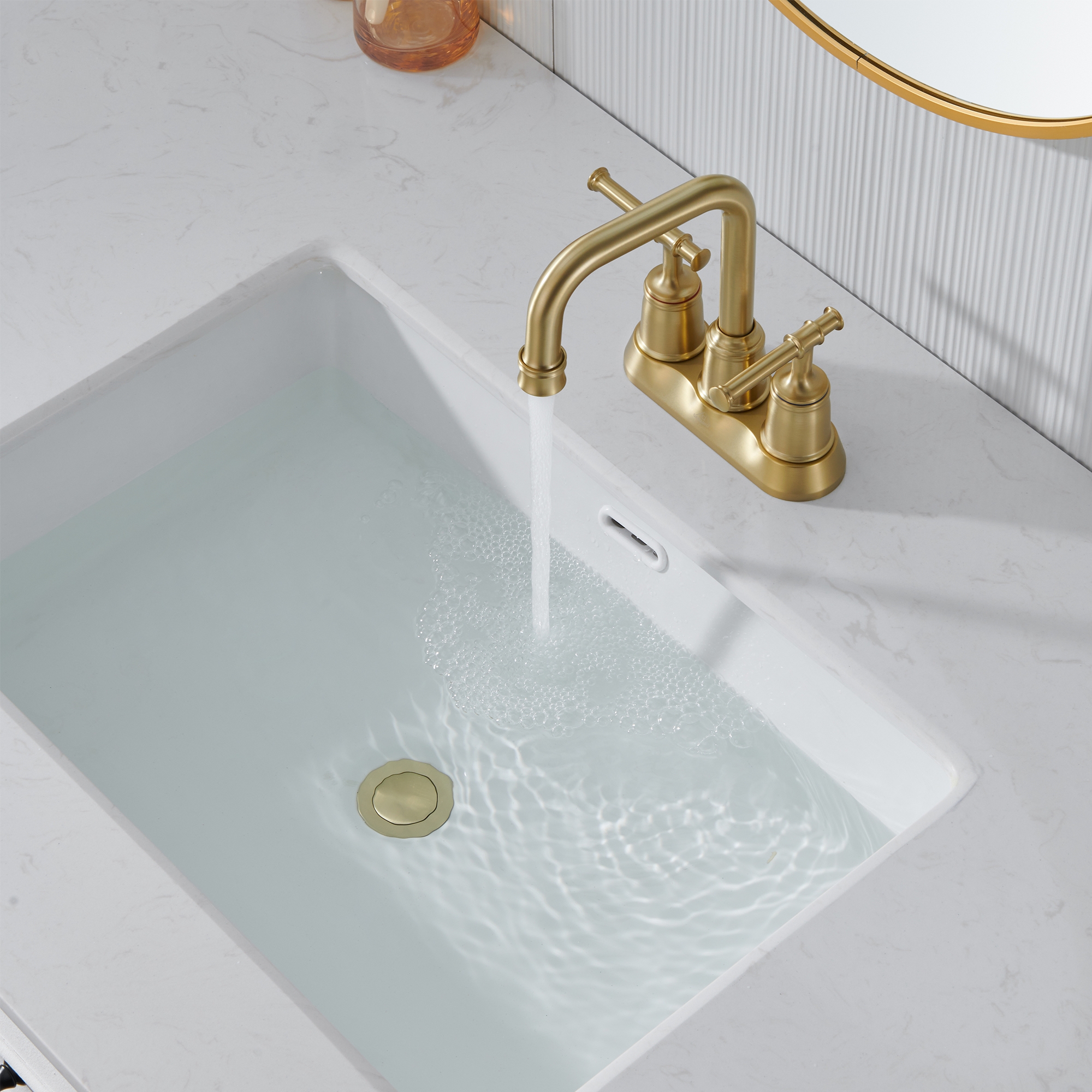 4 in. Centerset Double Handle 2 holes Bathroom Sink Faucet Lavatory Faucet with Stainless steel Drain in Brushed Nickel/Oil Rubbed Bronze/Brushed Gold/Matte Black