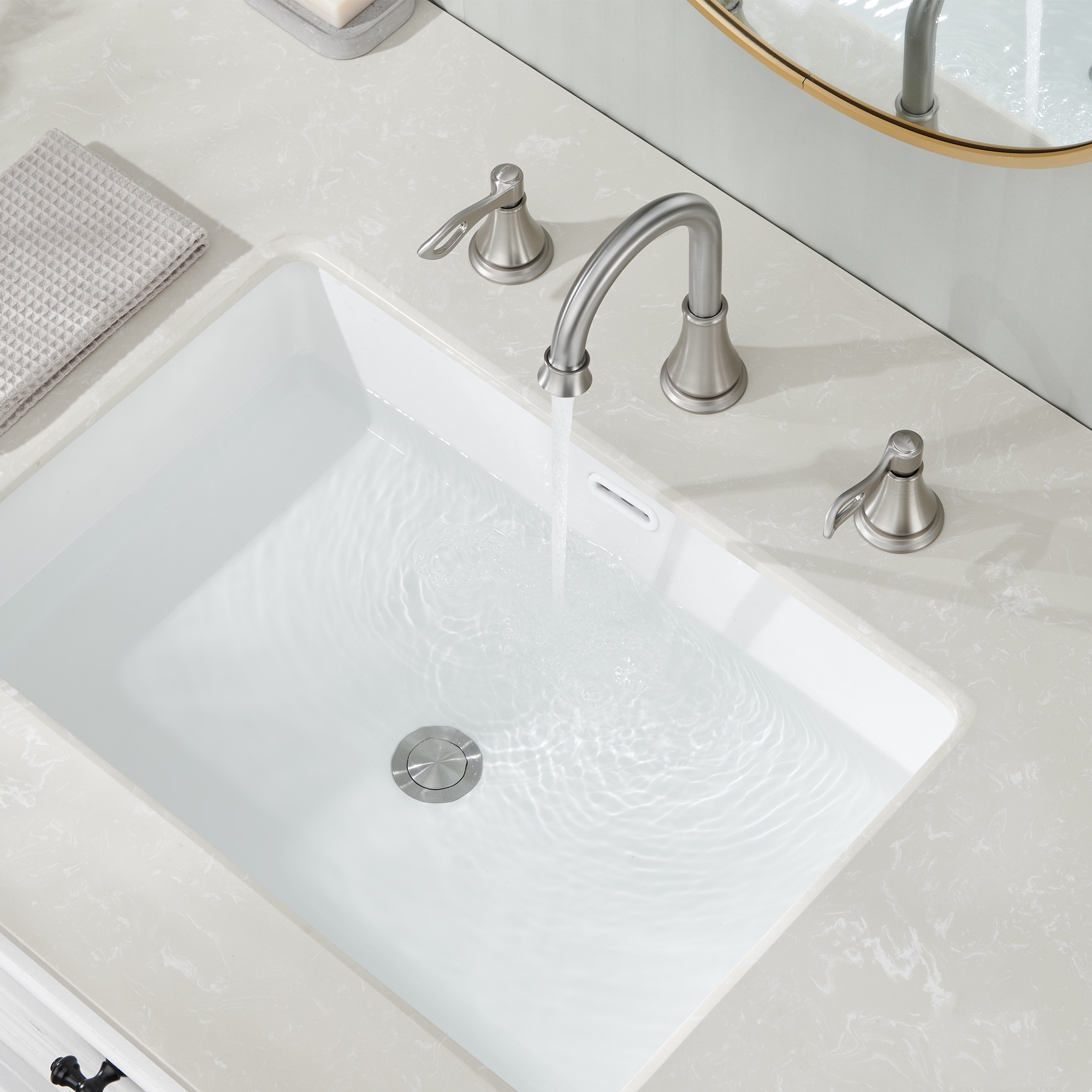 8 in. Widespread Double Handle Bathroom Faucet 3 Holes with 360° Swivel Spout, Stainless Steel Drain in Brushed Nickel/Oil Rubbed Bronze/Brushed Gold/Matte Black