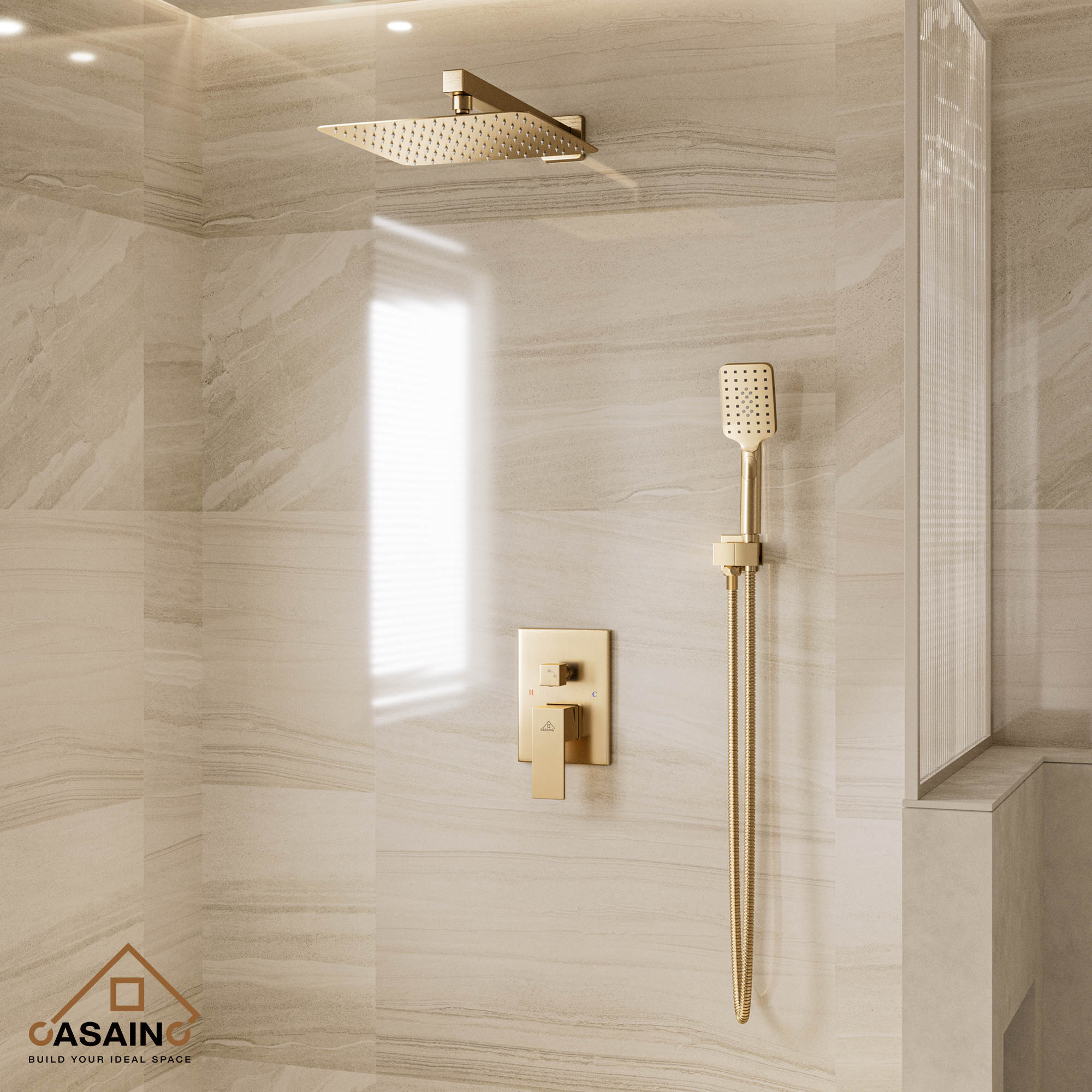 3-Spray Pattern 10 in. Wall Mount Shower System Shower Head and Functional Handheld, Brushed Gold