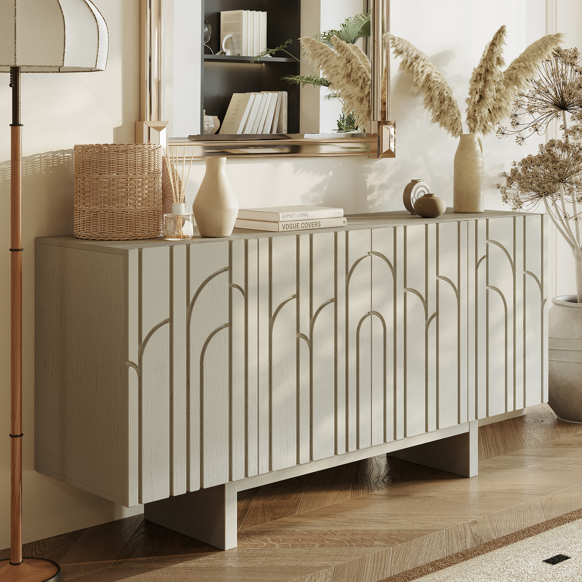 White/Brown MDF 4-Door 63 in. Wood Grain Buffet Sideboard For Living Room, Foyer and Kitchen-Dining Room
