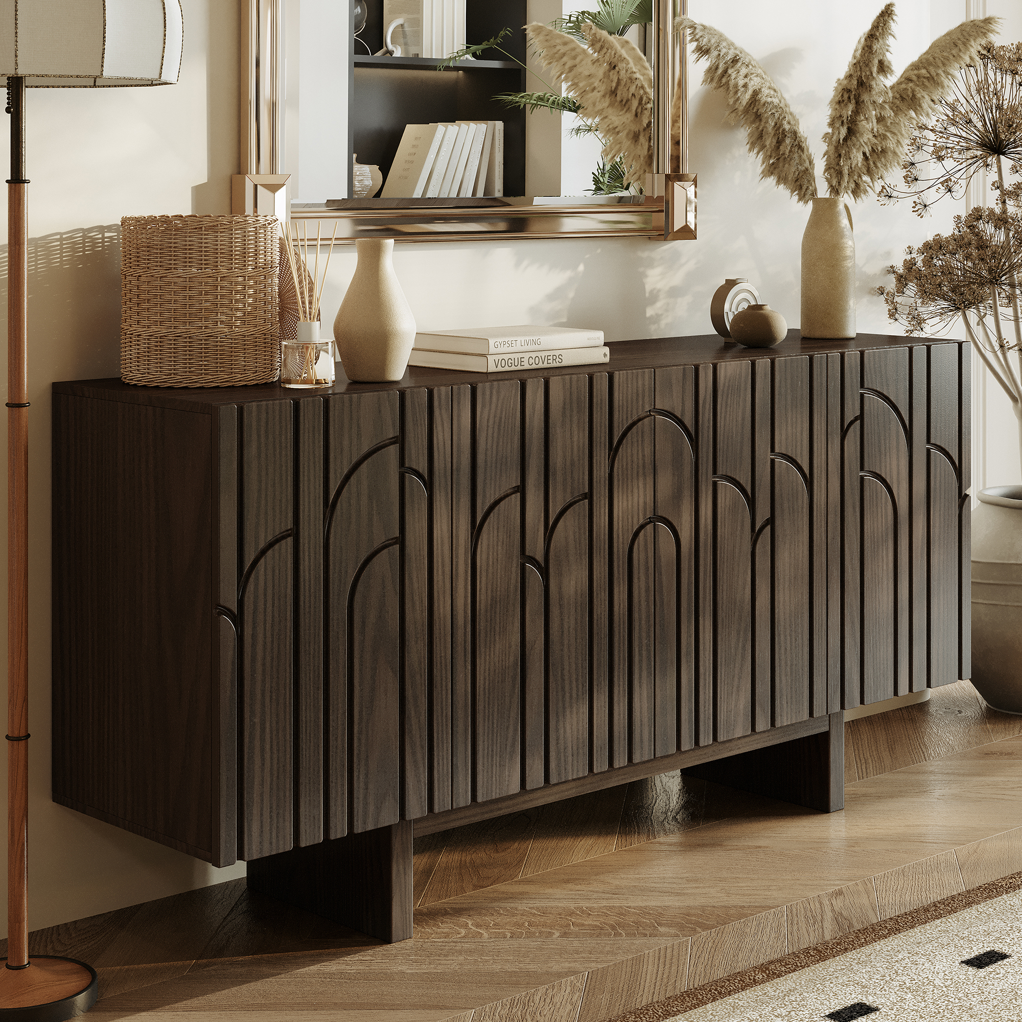 White/Brown MDF 4-Door 63 in. Wood Grain Buffet Sideboard For Living Room, Foyer and Kitchen-Dining Room