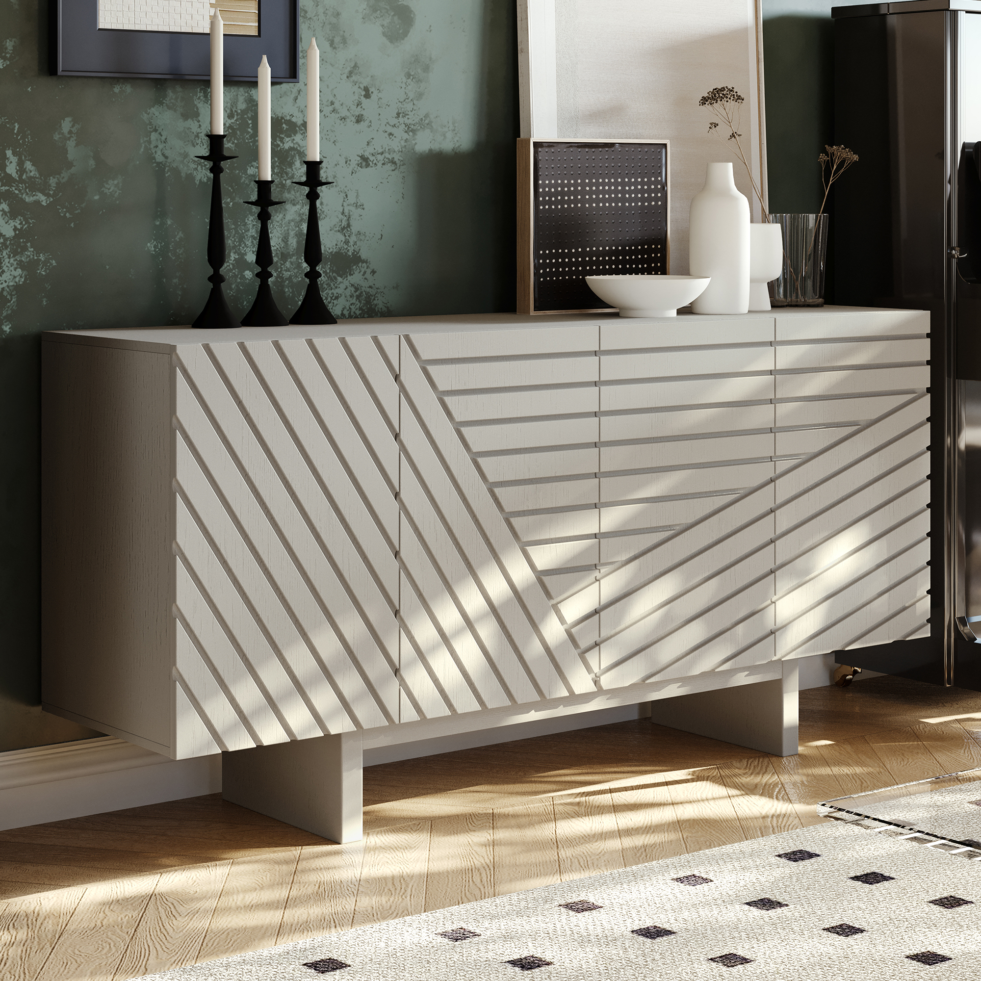 White/Brown MDF 4-Door 63 in. Wood Modern Grain Buffet Sideboard For Living Room, Foyer and Kitchen-Dining Room