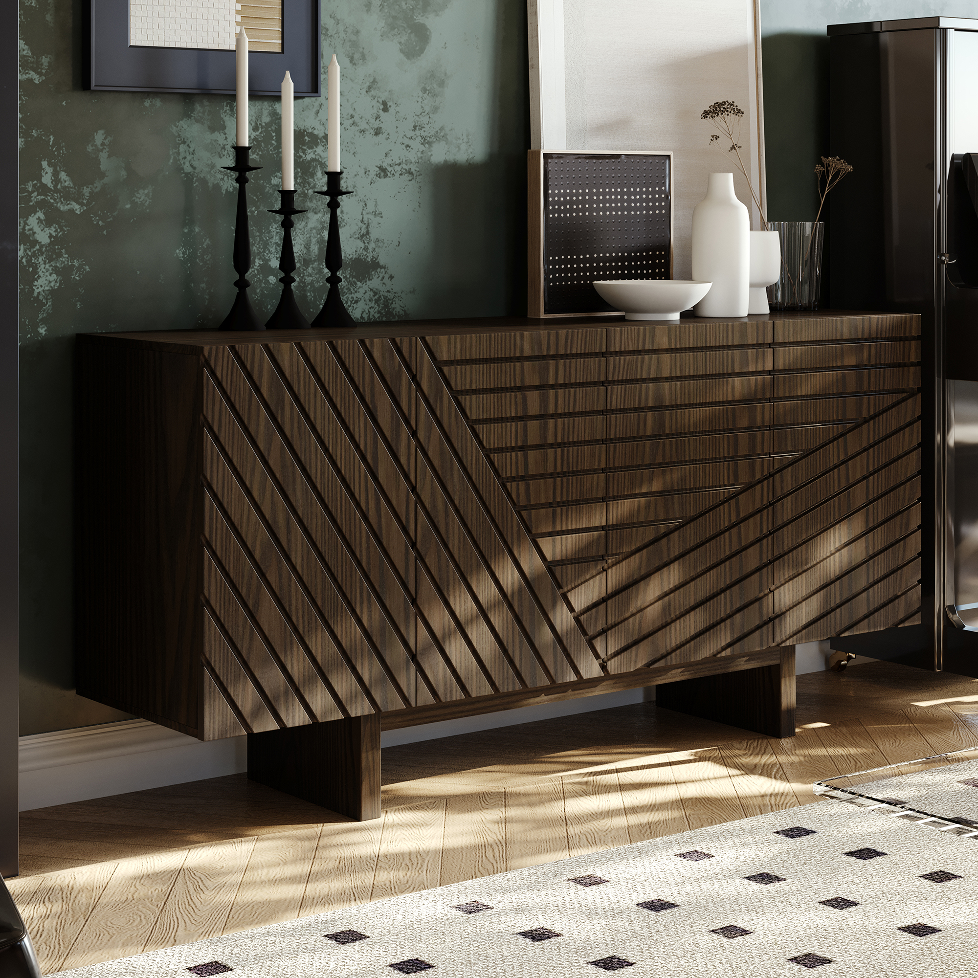 White/Brown MDF 4-Door 63 in. Wood Modern Grain Buffet Sideboard For Living Room, Foyer and Kitchen-Dining Room