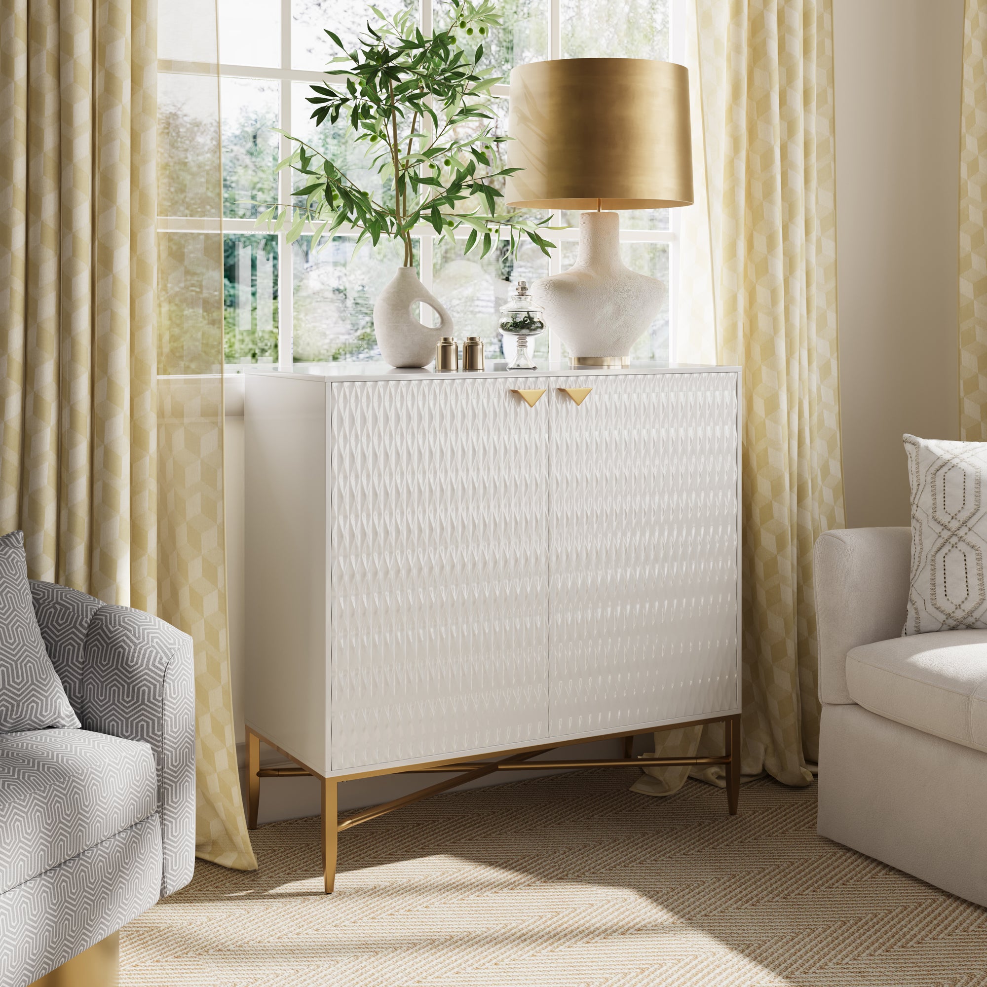 32.8 in. H 2 Door White Locker Accent Storage Cabinet with X-Shaped Hardware Stand