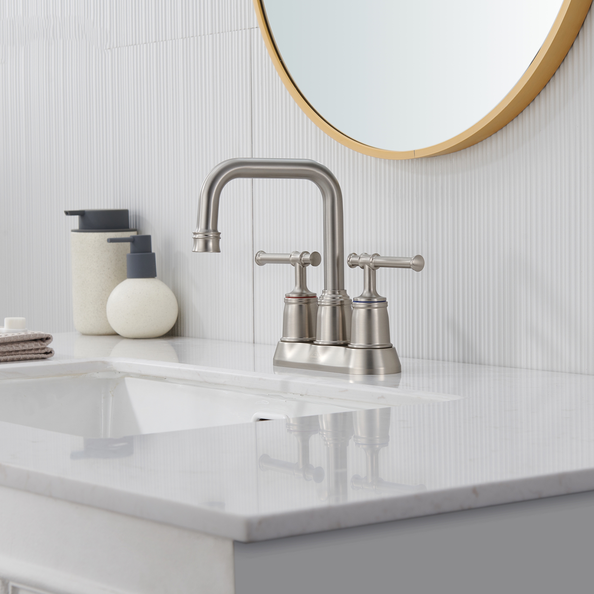 4 in. Centerset Double Handle 2 holes Bathroom Sink Faucet Lavatory Faucet with Stainless steel Drain in Brushed Nickel/Oil Rubbed Bronze/Brushed Gold/Matte Black