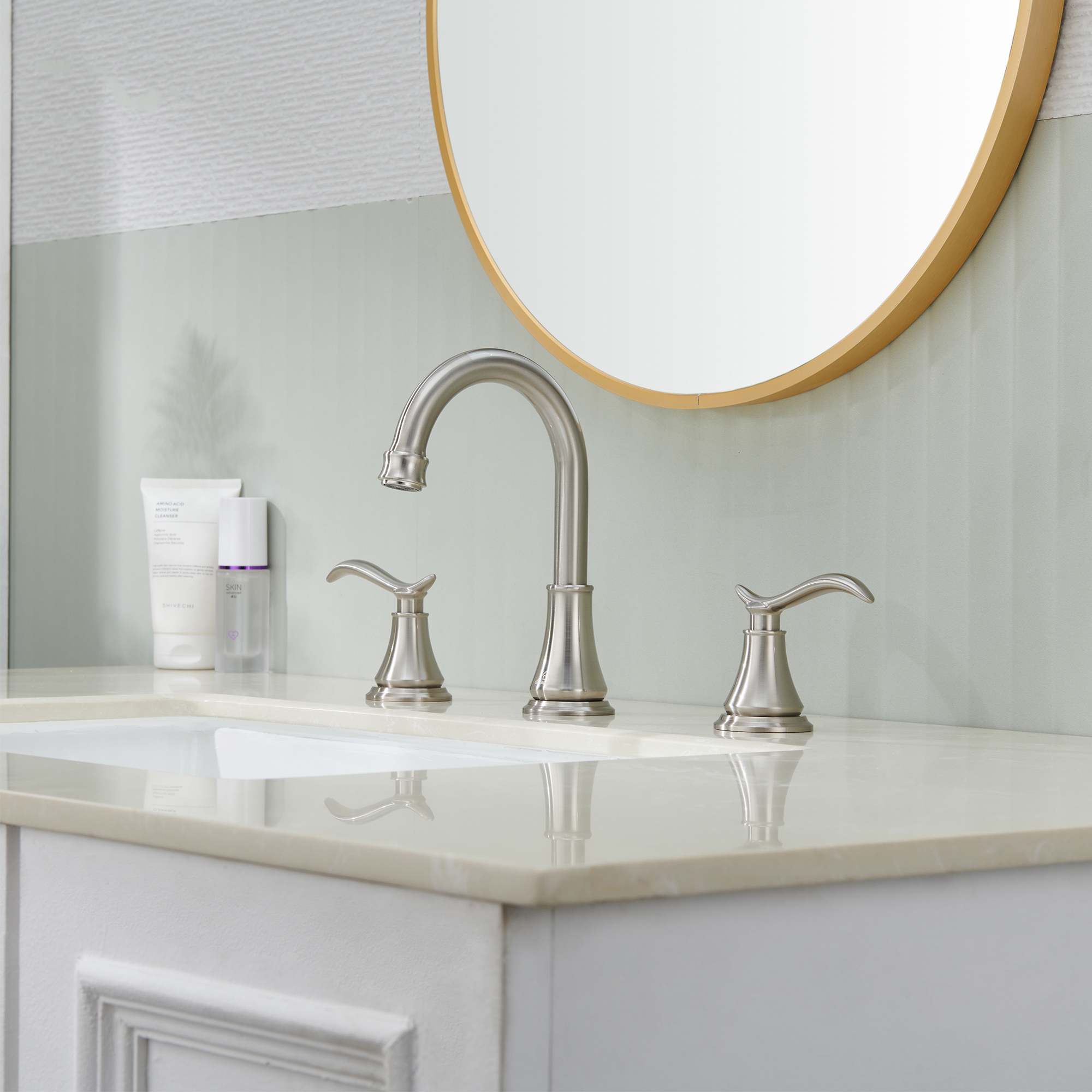 8 in. Widespread Double Handle Bathroom Sink Faucet with 360° Swivel Spout, Stainless Steel Drain Kit in Brushed Nickel/Oil Rubbed Bronze/Brushed Gold/Matte Black