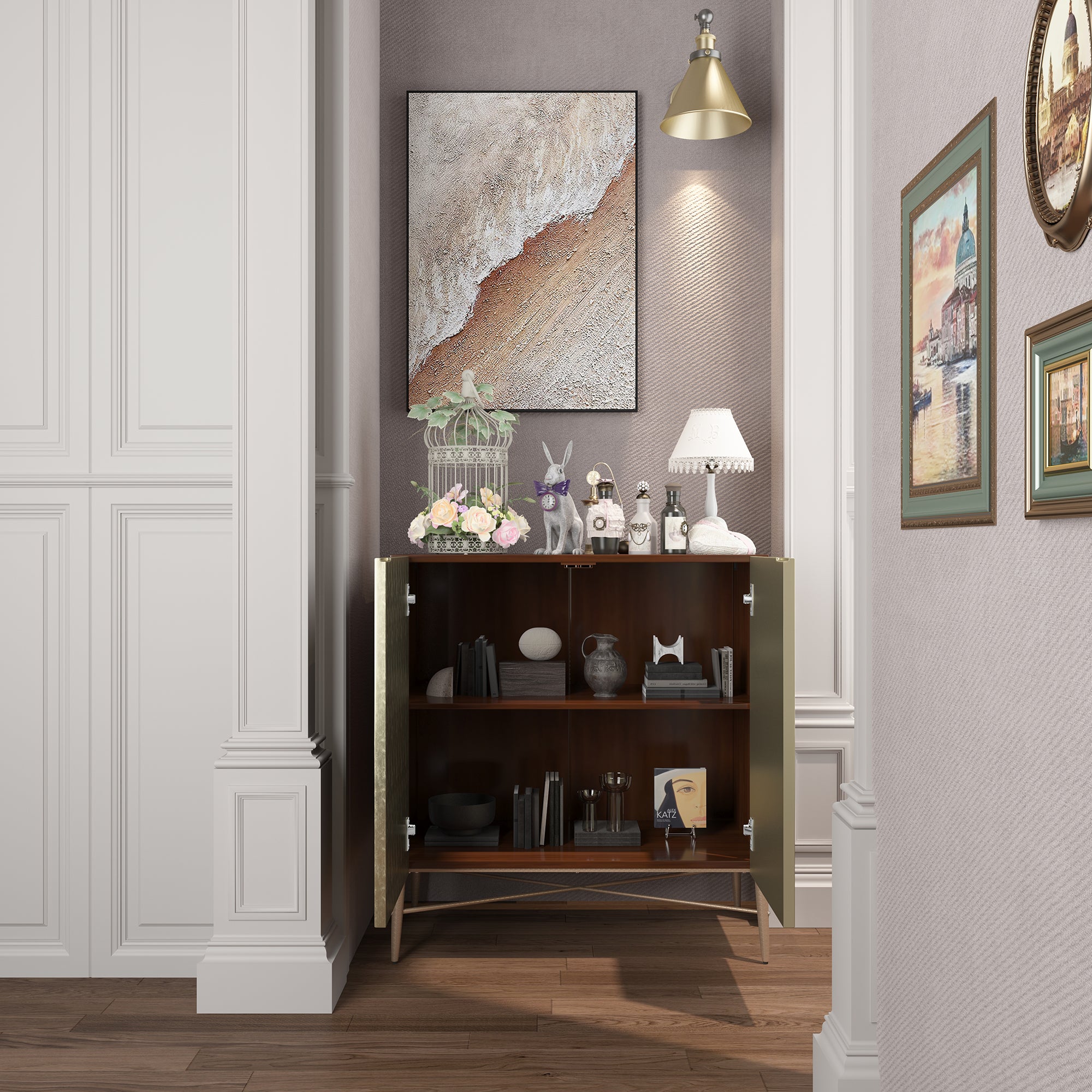 Modern Accent Cabinet, 2 Door Storage Cabinet Wood with Adjustable Shelf, Vintage Wooden Cabinet for Living Room Hallway Home Office