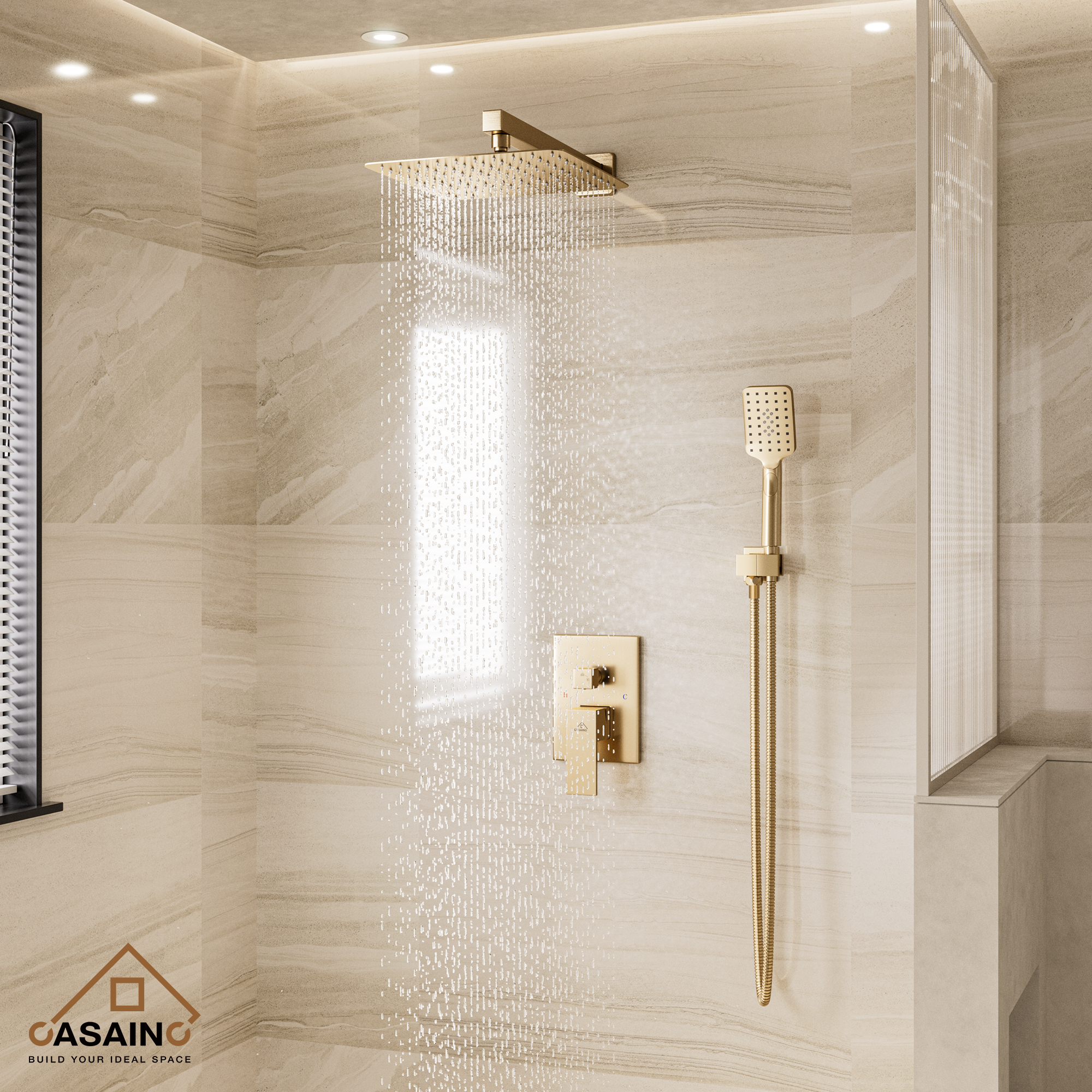 3-Spray Pattern 10 in. Wall Mount Shower System Shower Head and Functional Handheld, Brushed Gold