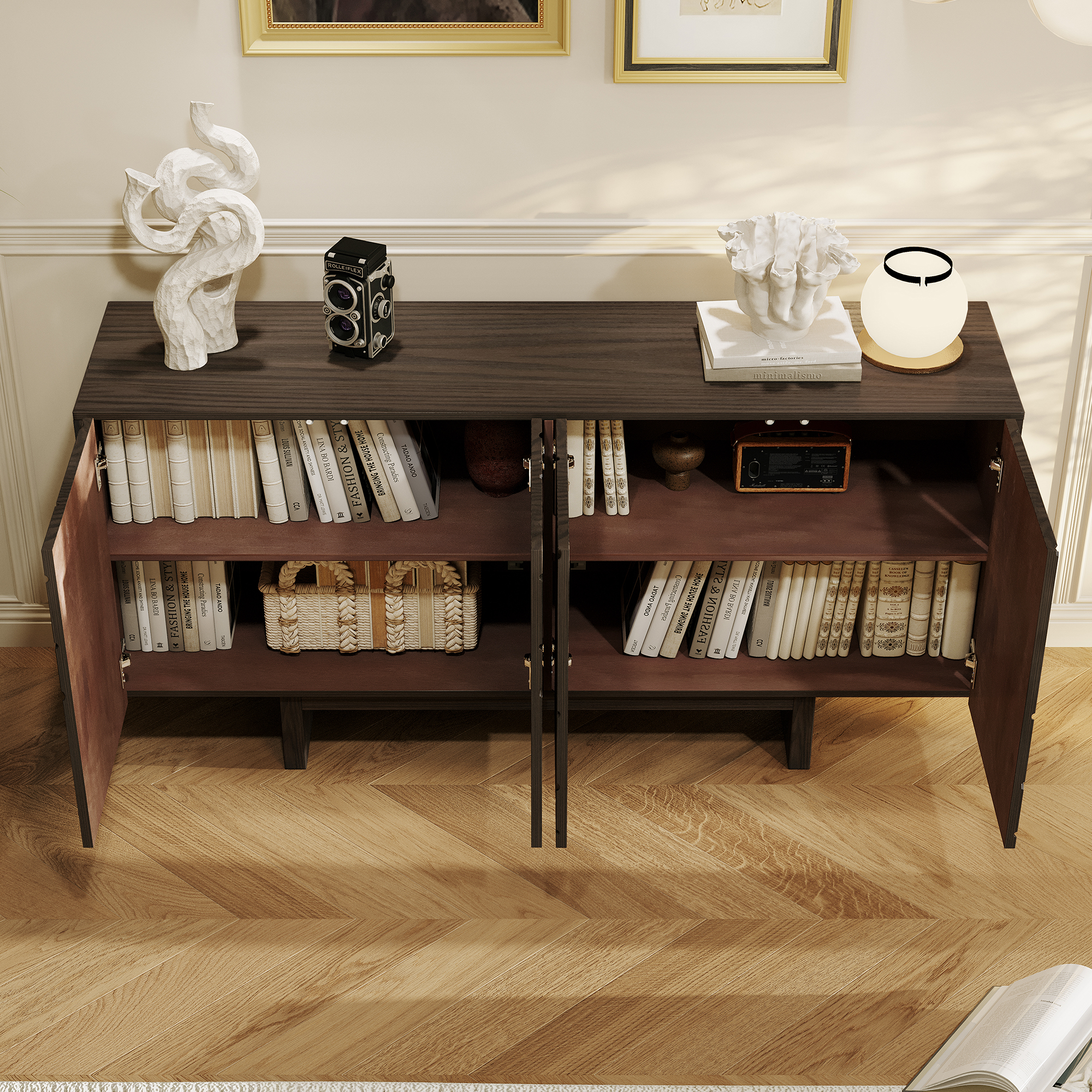 White/Brown 4-Door Modern Wood Grain Accent Storage Cabinet For Living Room, Foyer and Kitchen-Dining Room