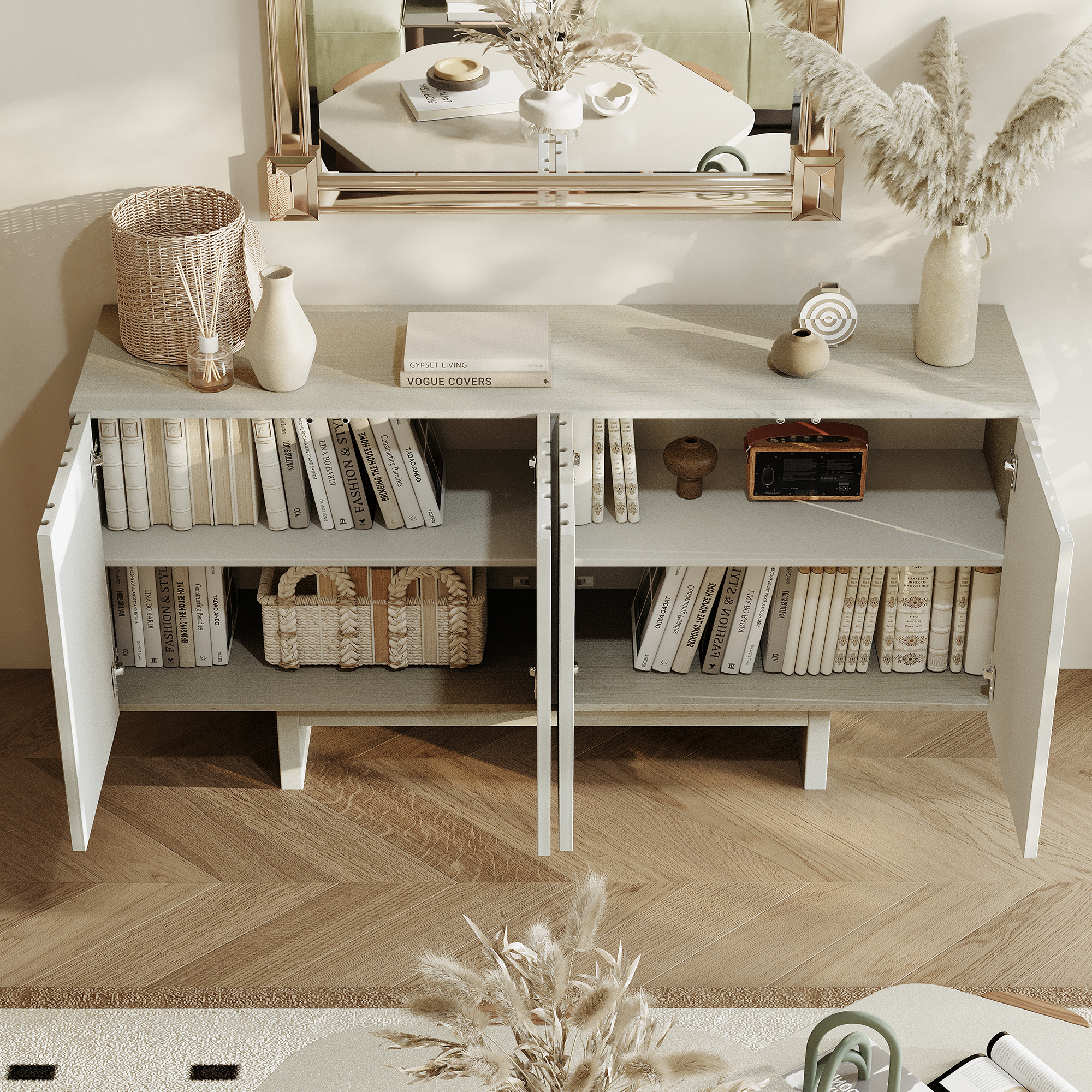 White/Brown MDF 4-Door 63 in. Wood Grain Buffet Sideboard For Living Room, Foyer and Kitchen-Dining Room